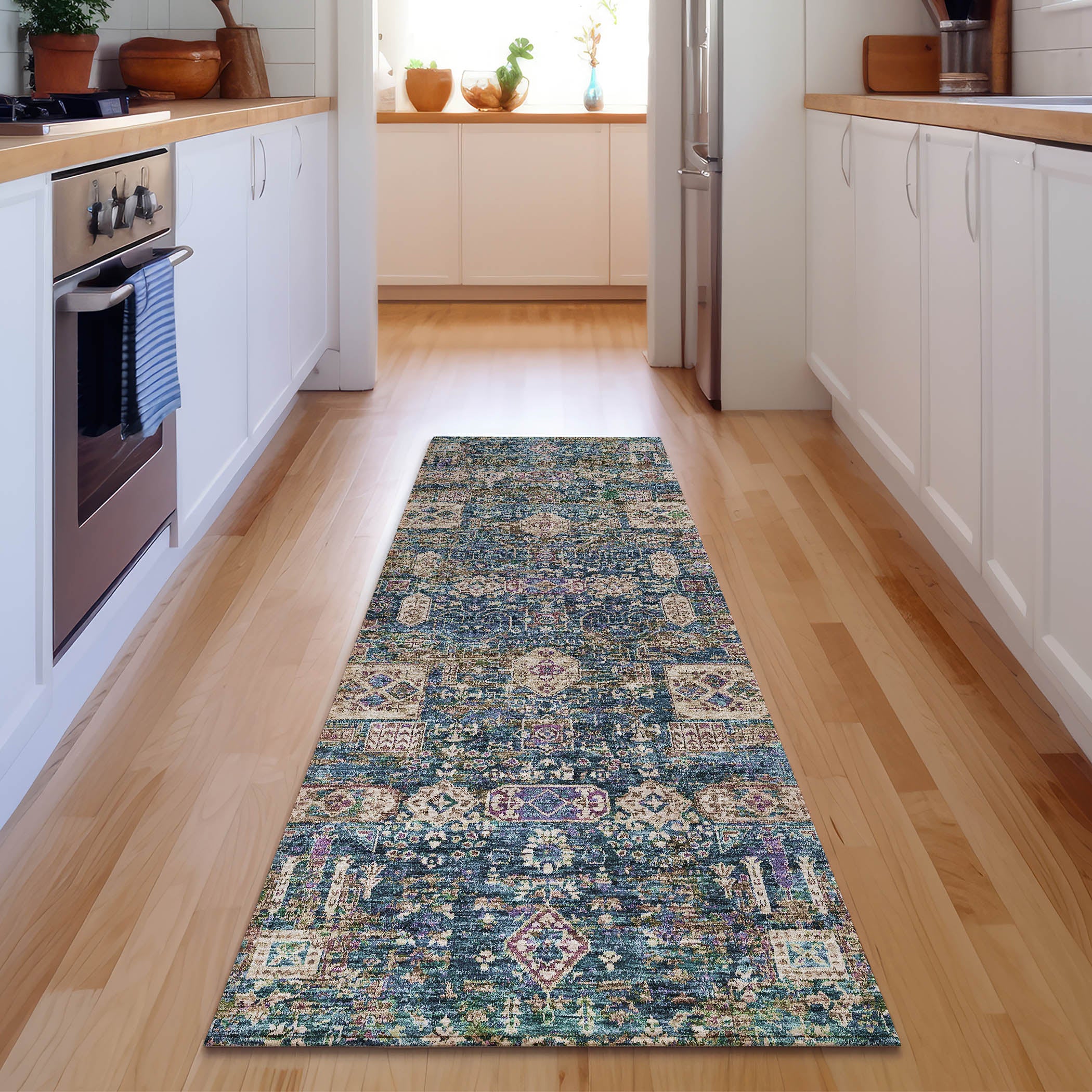 Sintra Machine Washable Transitional Green Rug 2'3" x 7'6" #shape_Runner