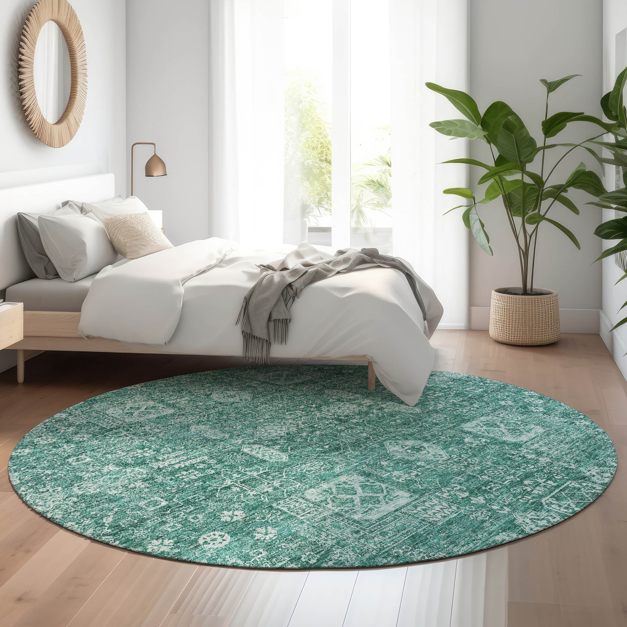 Sintra Machine Washable Transitional Teal Rug 8' x 8' #shape_Round