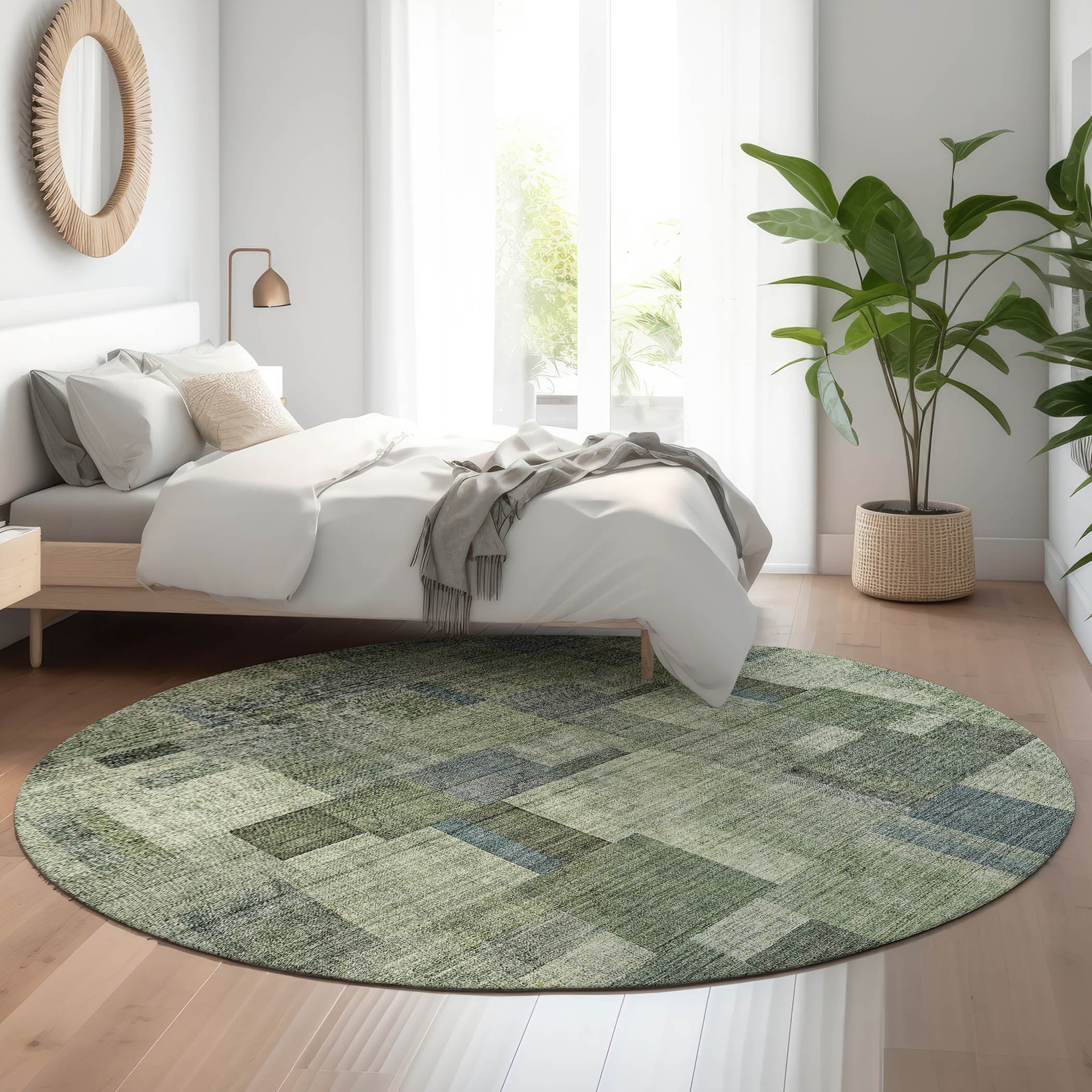 Seoul Machine Washable Transitional Green Rug 8' x 8' #shape_Round