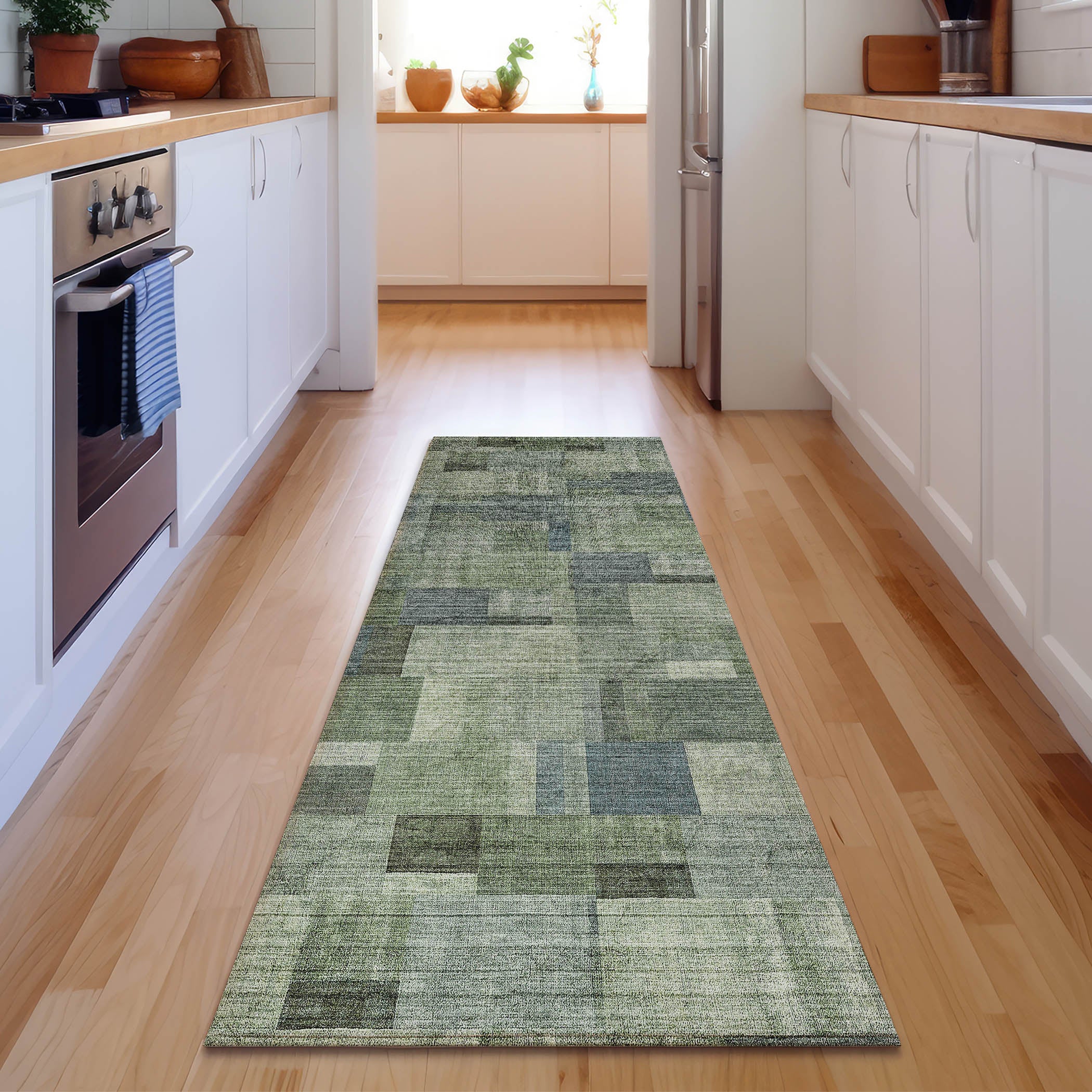 Seoul Machine Washable Transitional Green Rug 2'3" x 7'6" #shape_Runner