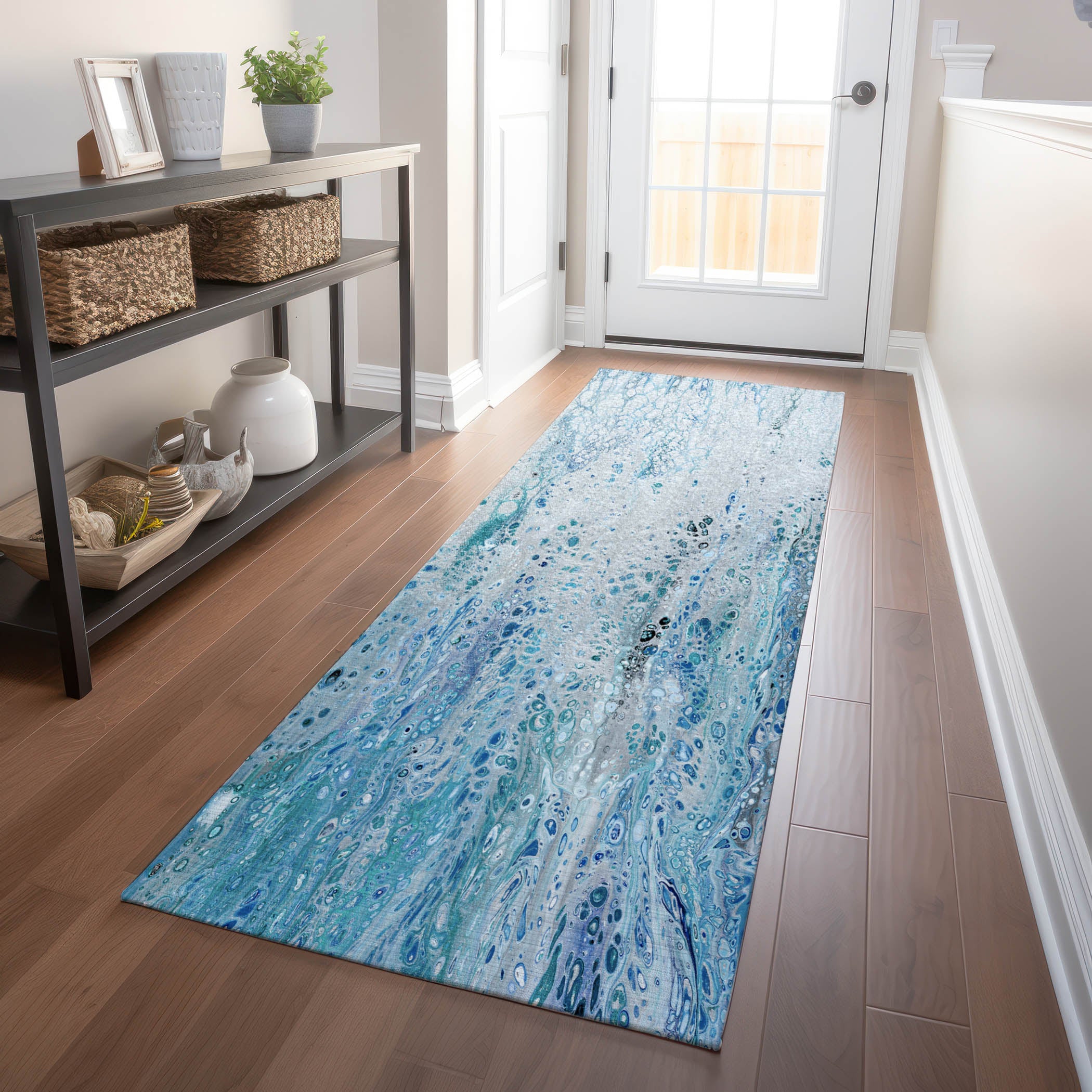 Cartagena Machine Washable Contemporary Shoreline Blue Rug 2'3" x 7'6" #shape_Runner