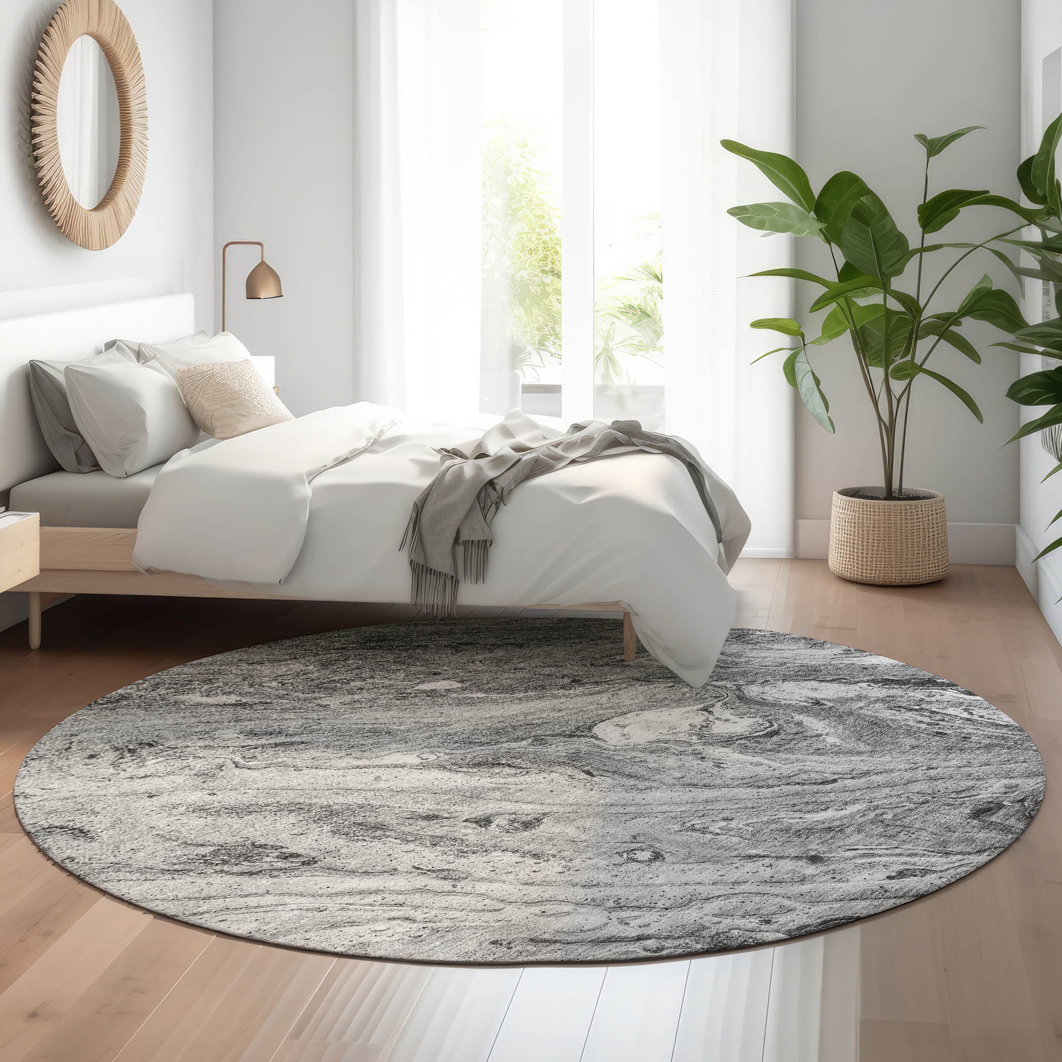 Kyoto Machine Washable Transitional Gray Rug 8' x 8' #shape_Round