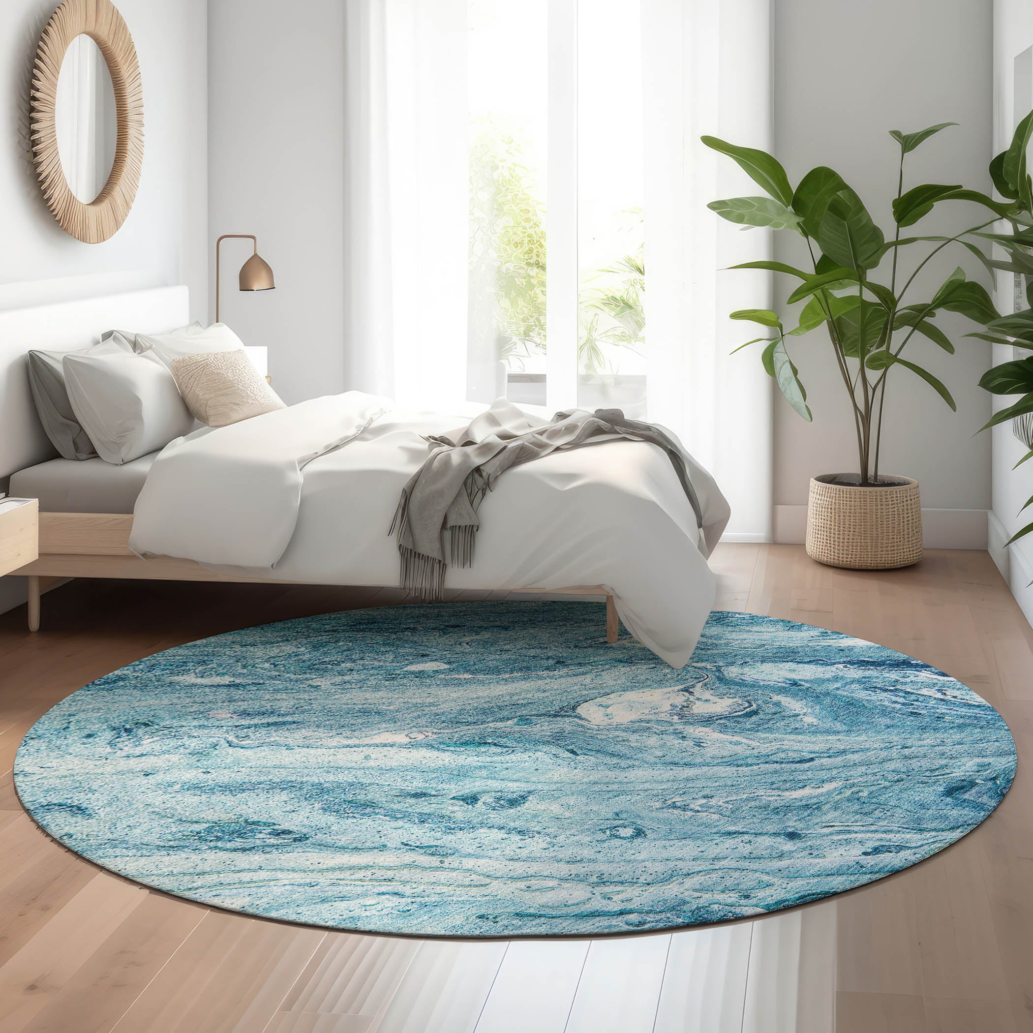 Kyoto Machine Washable Transitional Sky Blue Rug 8' x 8' #shape_Round