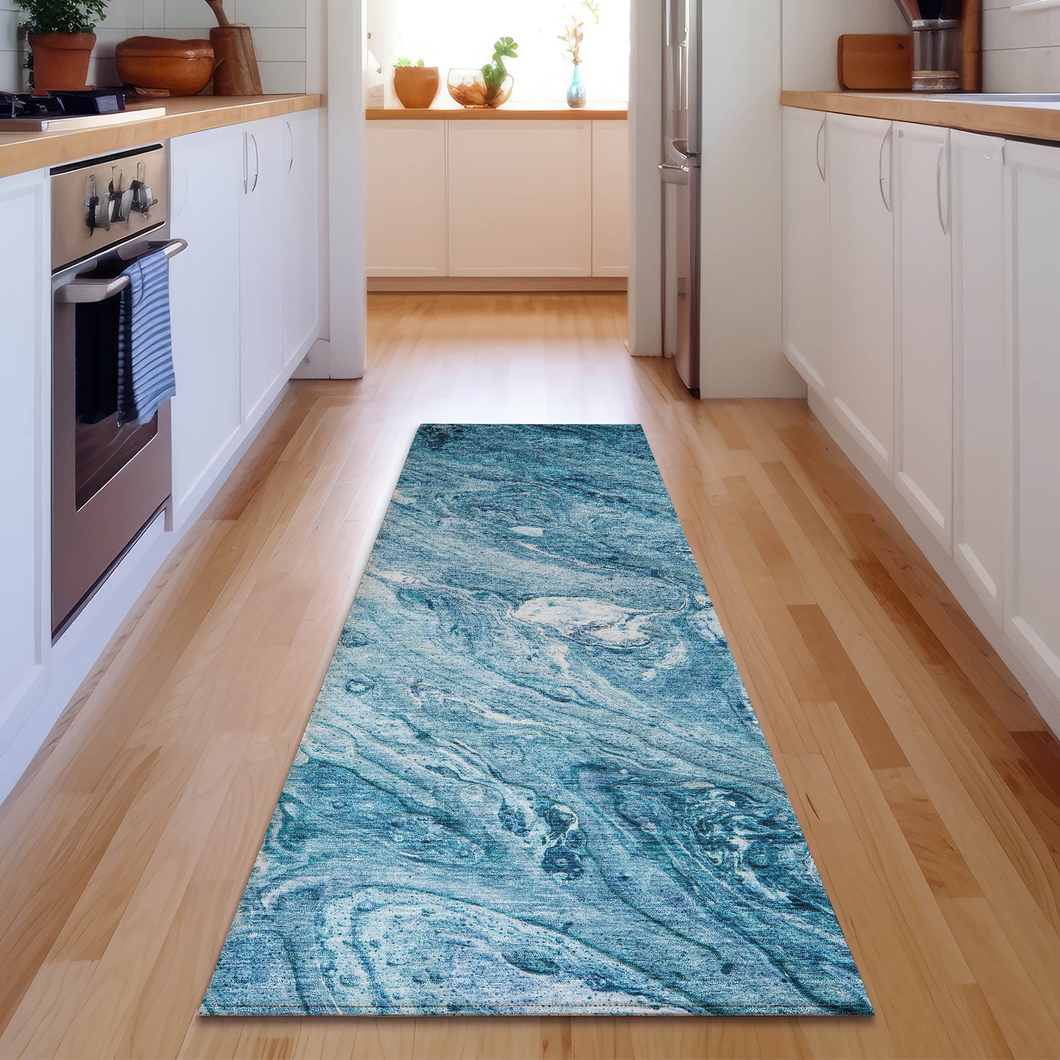 Kyoto Machine Washable Transitional Sky Blue Rug 2'3" x 7'6" #shape_Runner