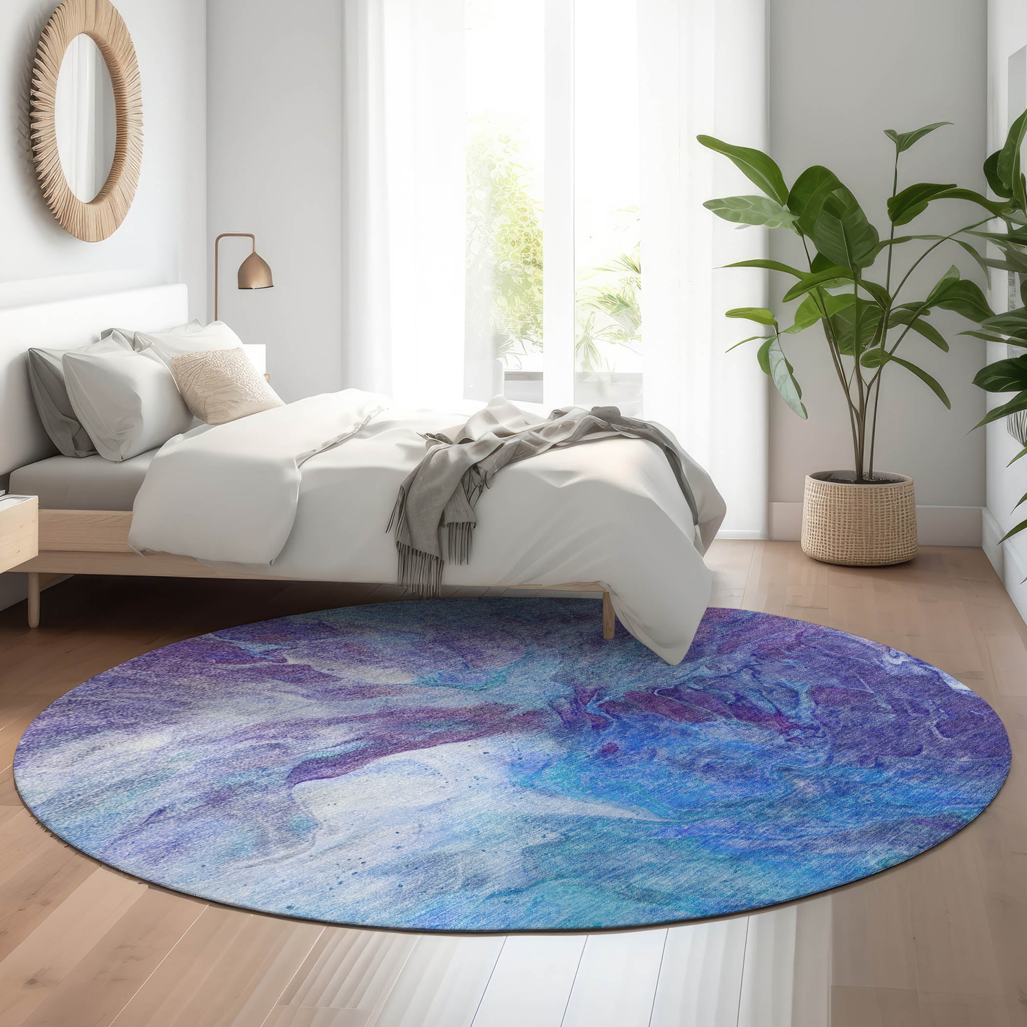 Colombo Machine Washable Transitional Blue Rug 8' x 8' #shape_Round