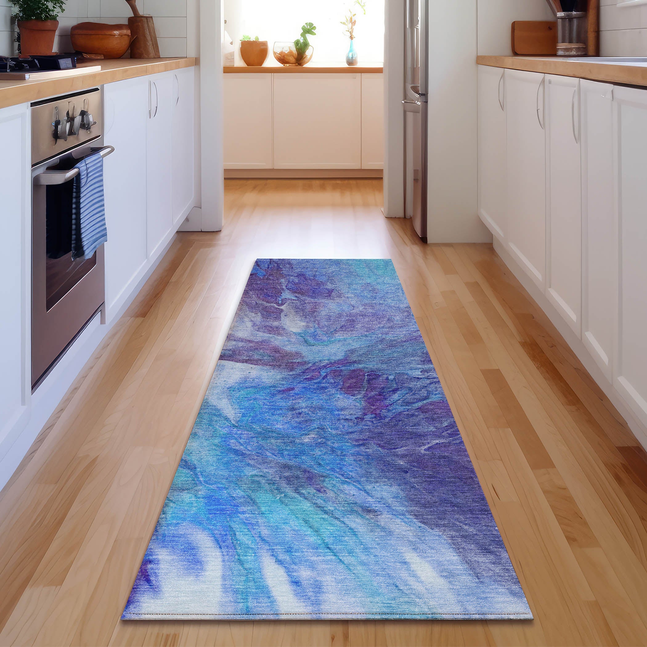 Colombo Machine Washable Transitional Blue Rug 2'3" x 7'6" #shape_Runner