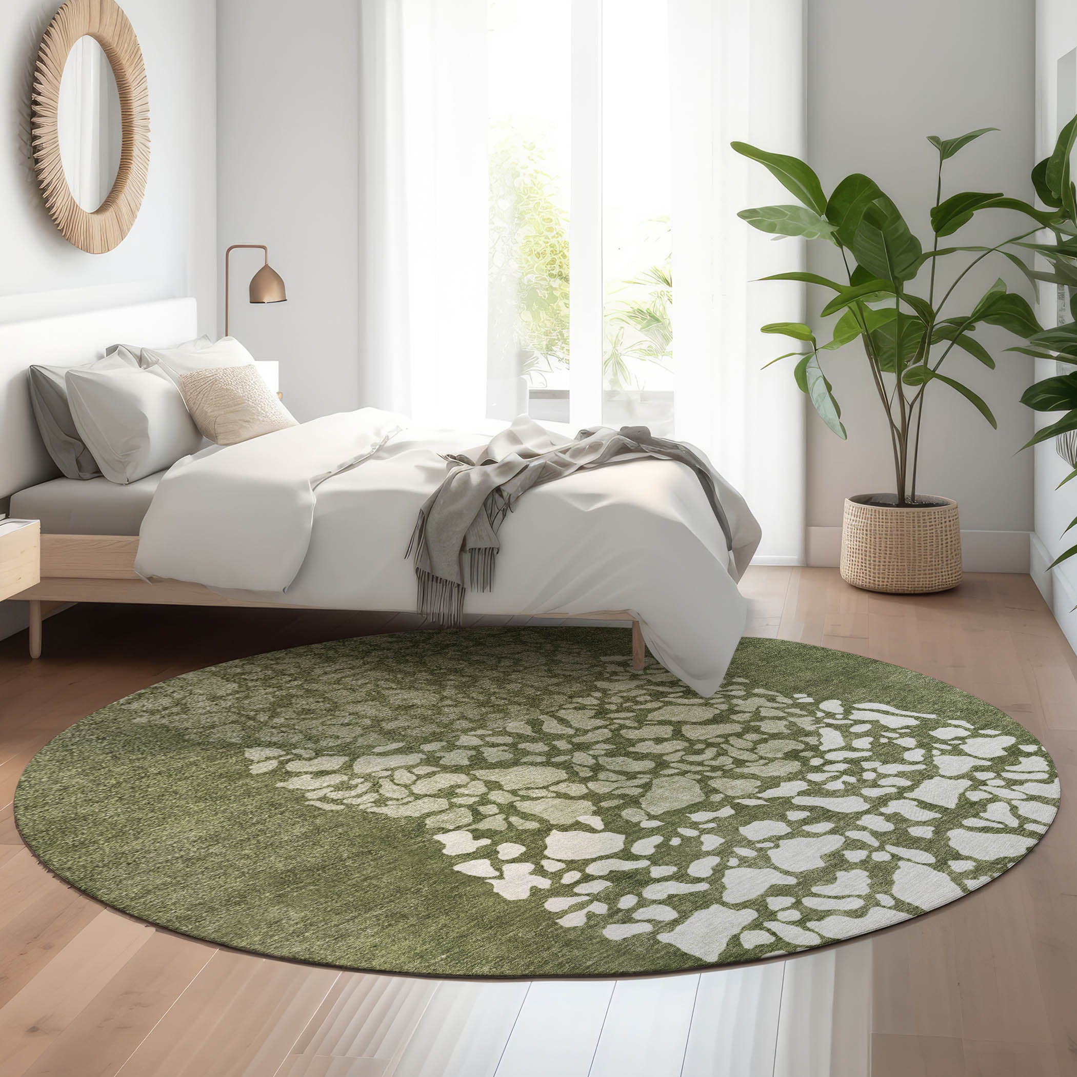Reykjavik Machine Washable Transitional Olive Green Rug 8' x 8' #shape_Round