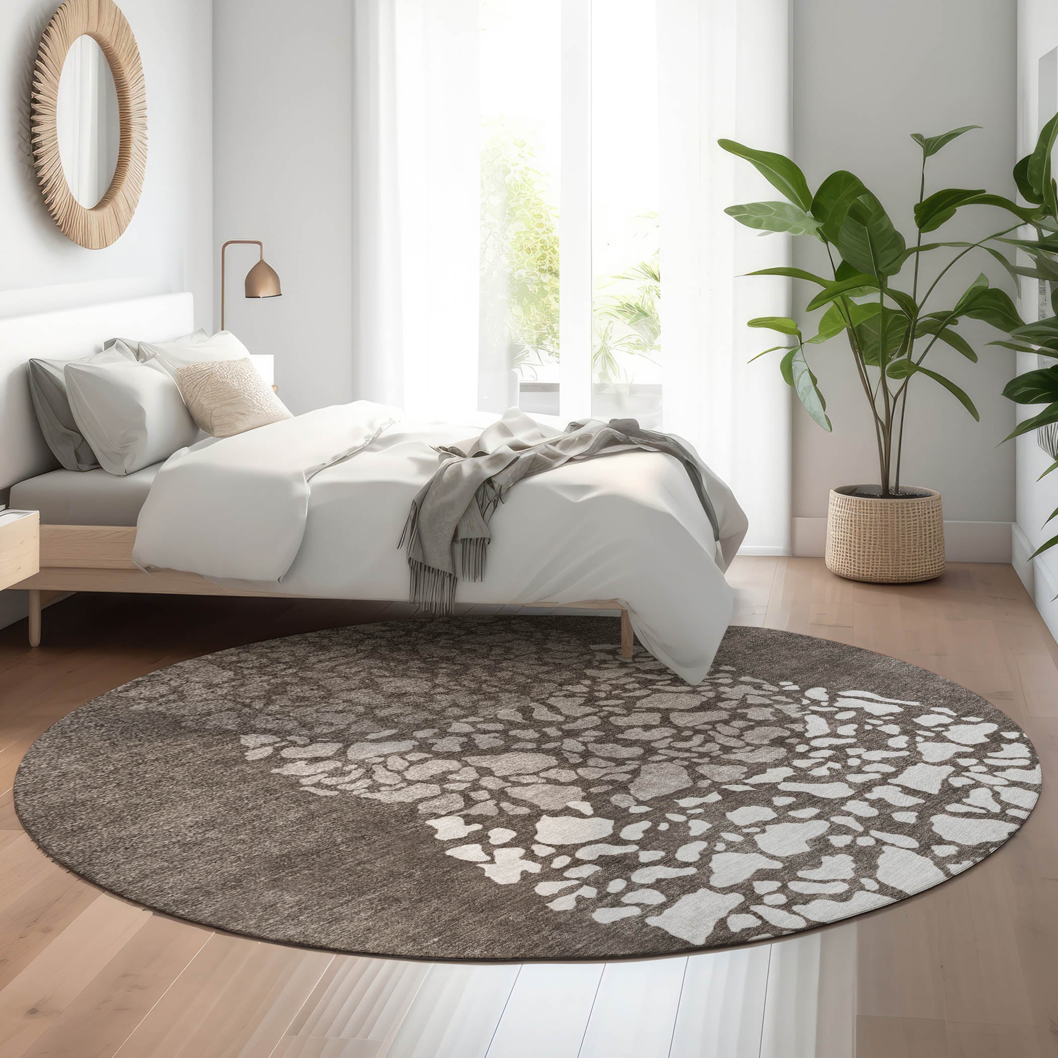 Reykjavik Machine Washable Transitional Taupe Brown Rug 8' x 8' #shape_Round