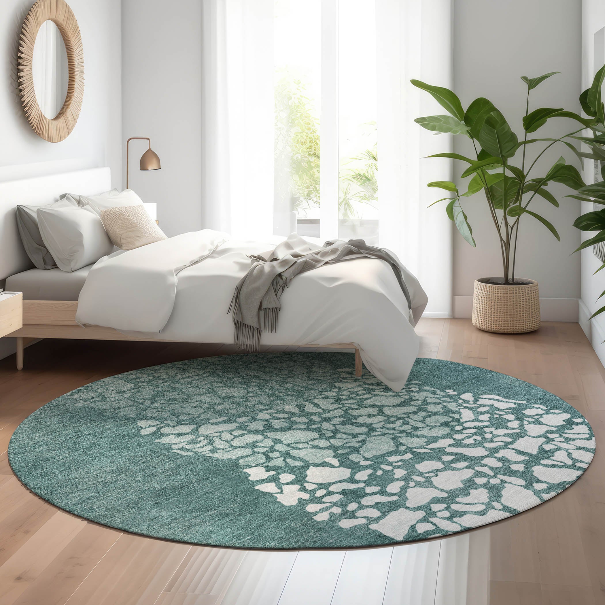 Reykjavik Machine Washable Transitional Teal Rug 8' x 8' #shape_Round