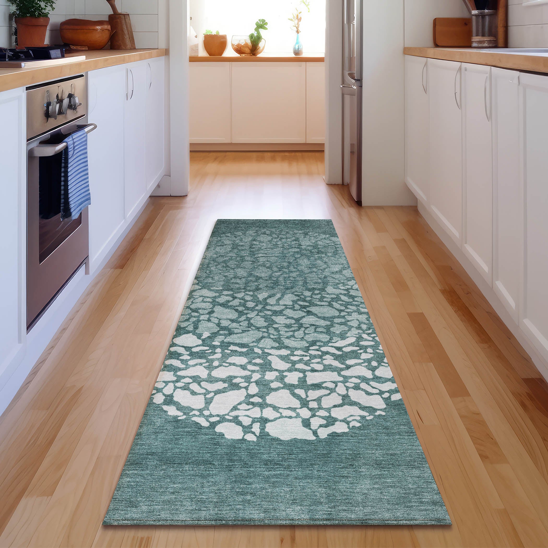 Reykjavik Machine Washable Transitional Teal Rug 2'3" x 7'6" #shape_Runner