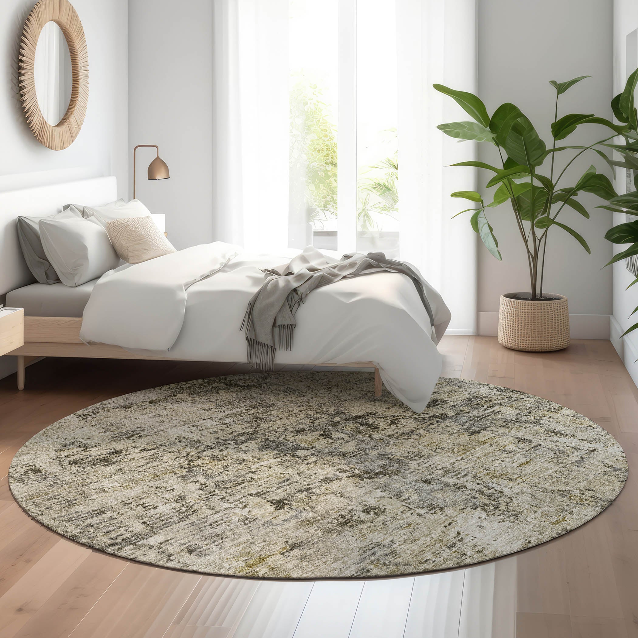 Antigua Machine Washable Transitional Taupe Brown Rug 8' x 8' #shape_Round