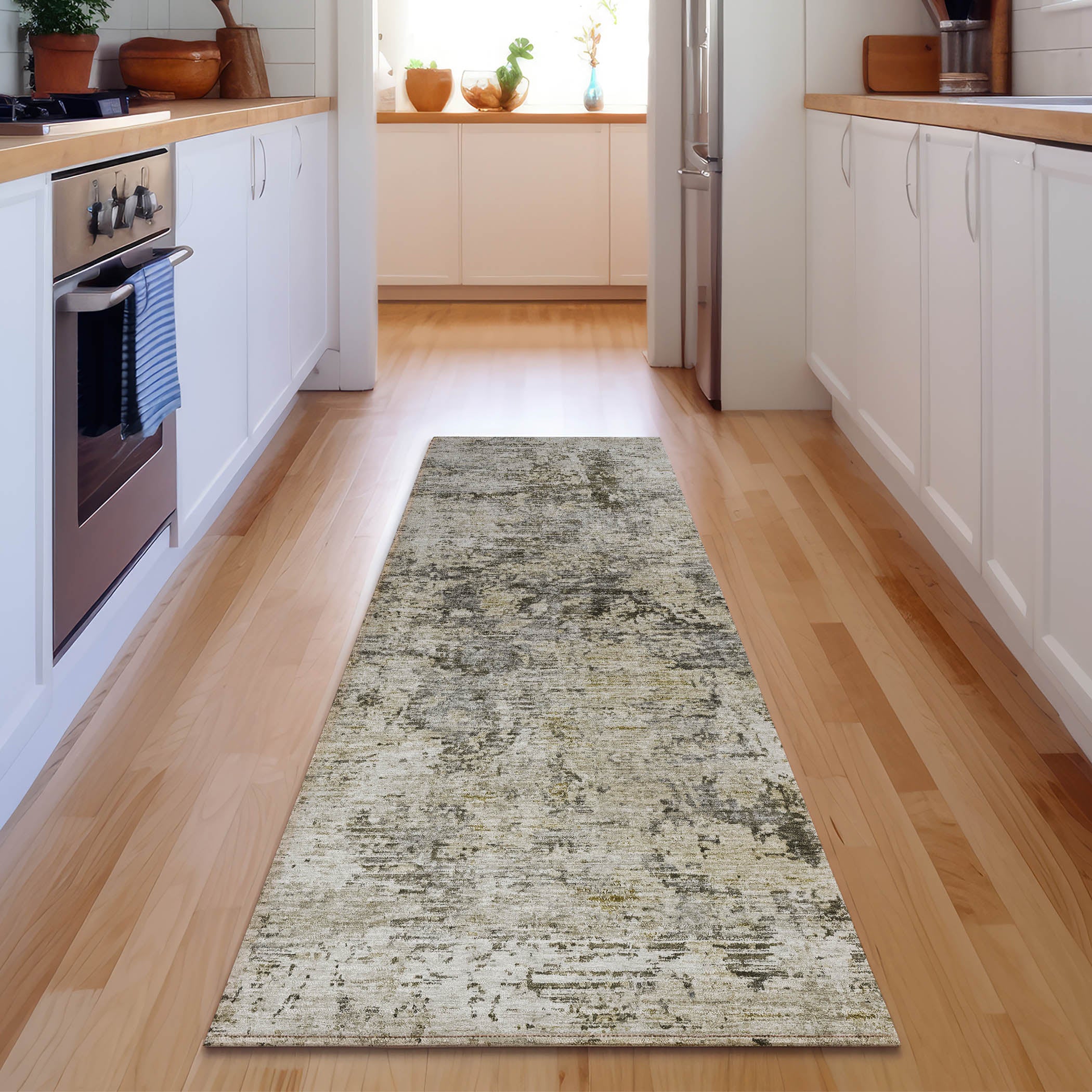 Antigua Machine Washable Transitional Taupe Brown Rug 2'3" x 7'6" #shape_Runner