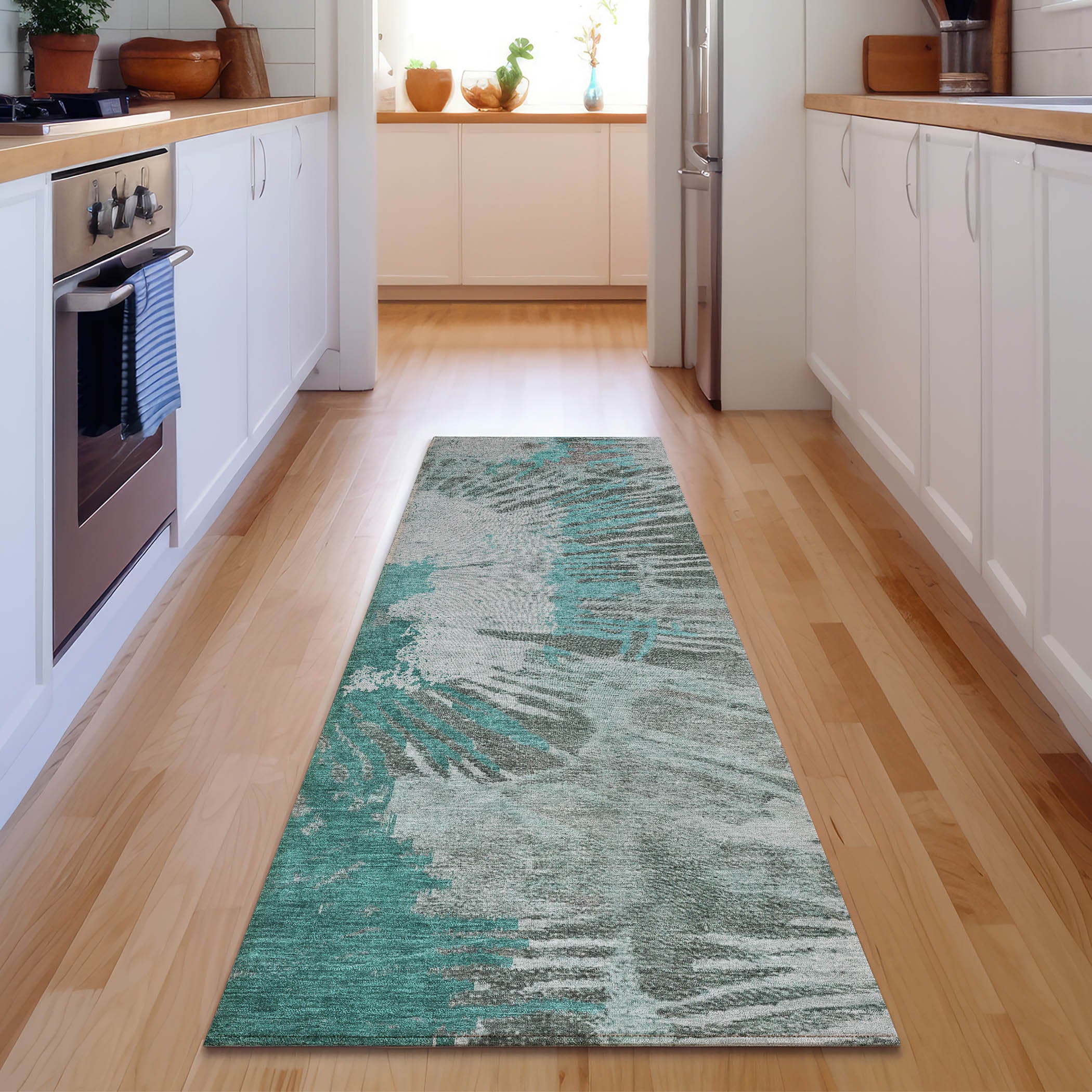 Colombo Machine Washable Transitional Teal Rug 2'3" x 7'6" #shape_Runner