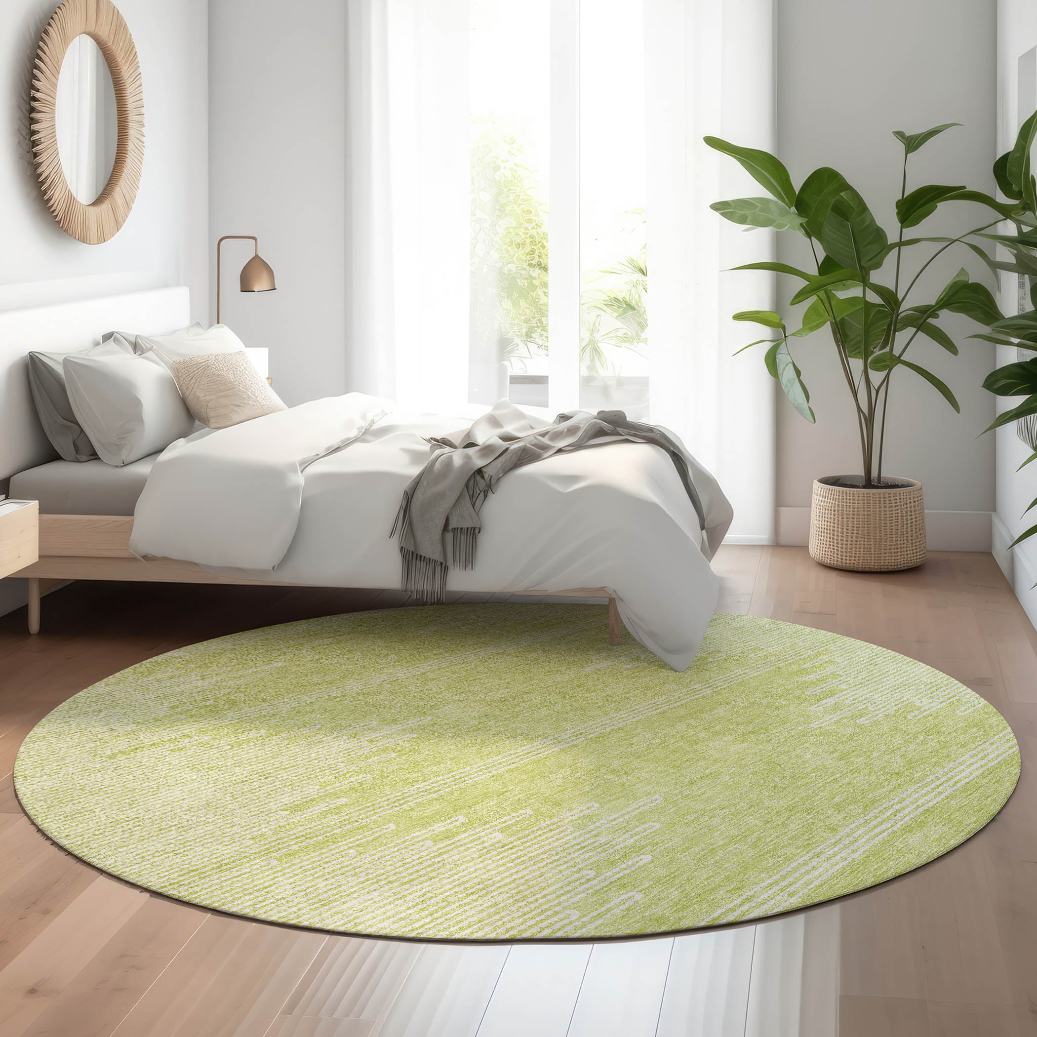 Seoul Machine Washable Transitional Aloe Green Rug 8' x 8' #shape_Round