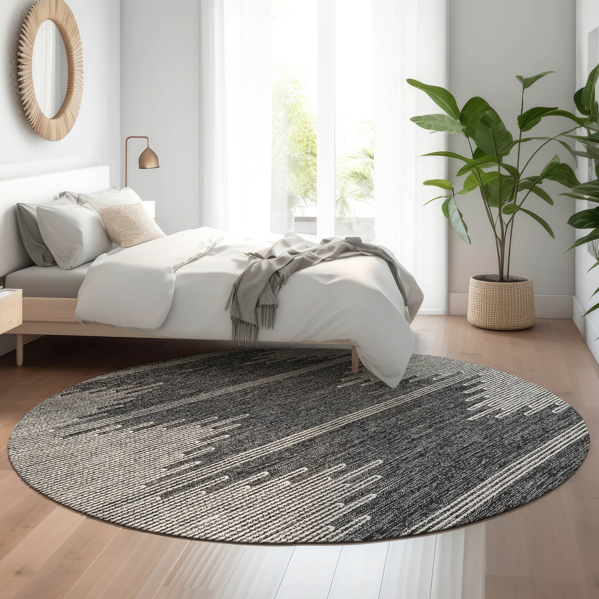Seoul Machine Washable Transitional Charcoal Gray Rug 8' x 8' #shape_Round