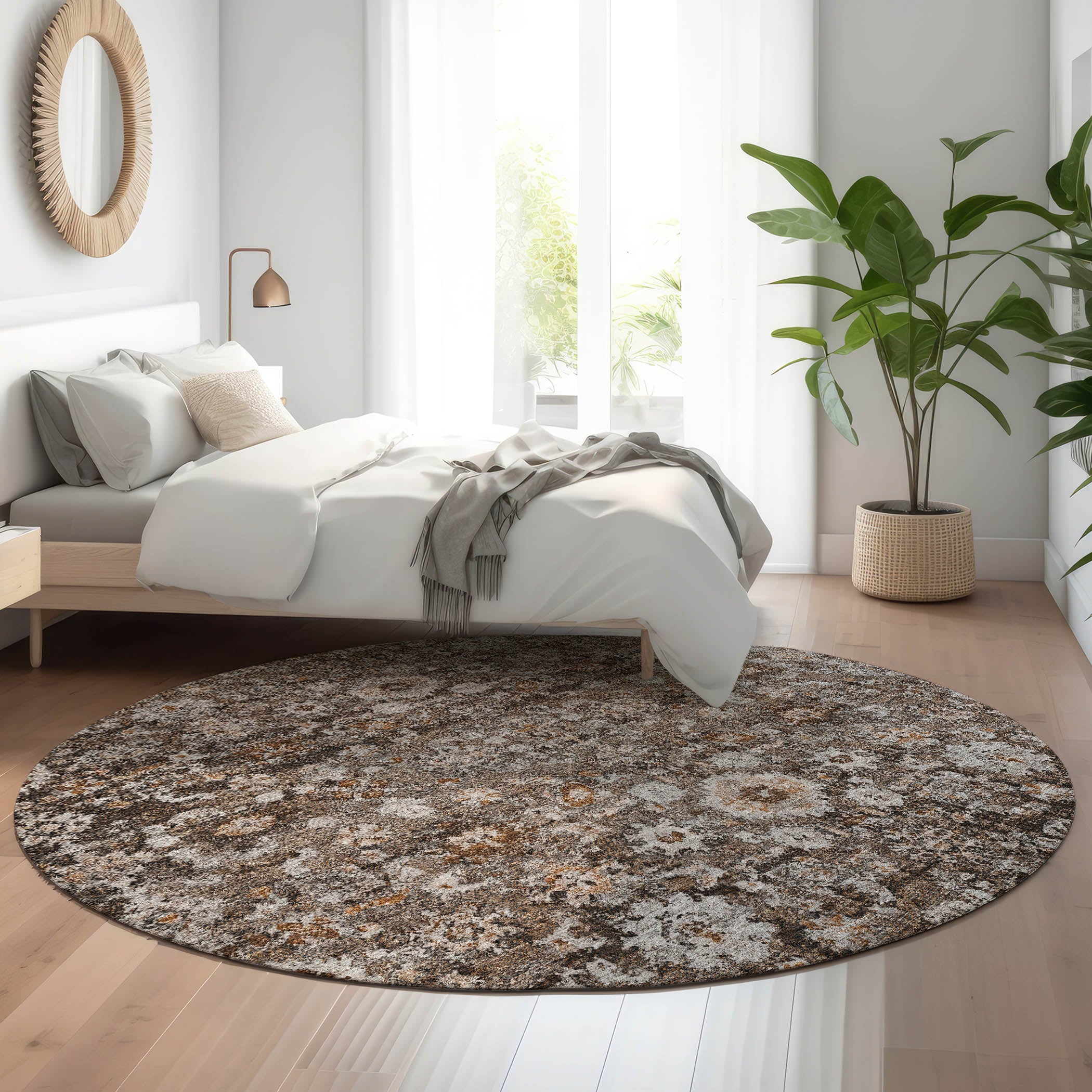 Siena Machine Washable Traditional Fudge Brown Rug 8' x 8' #shape_Round