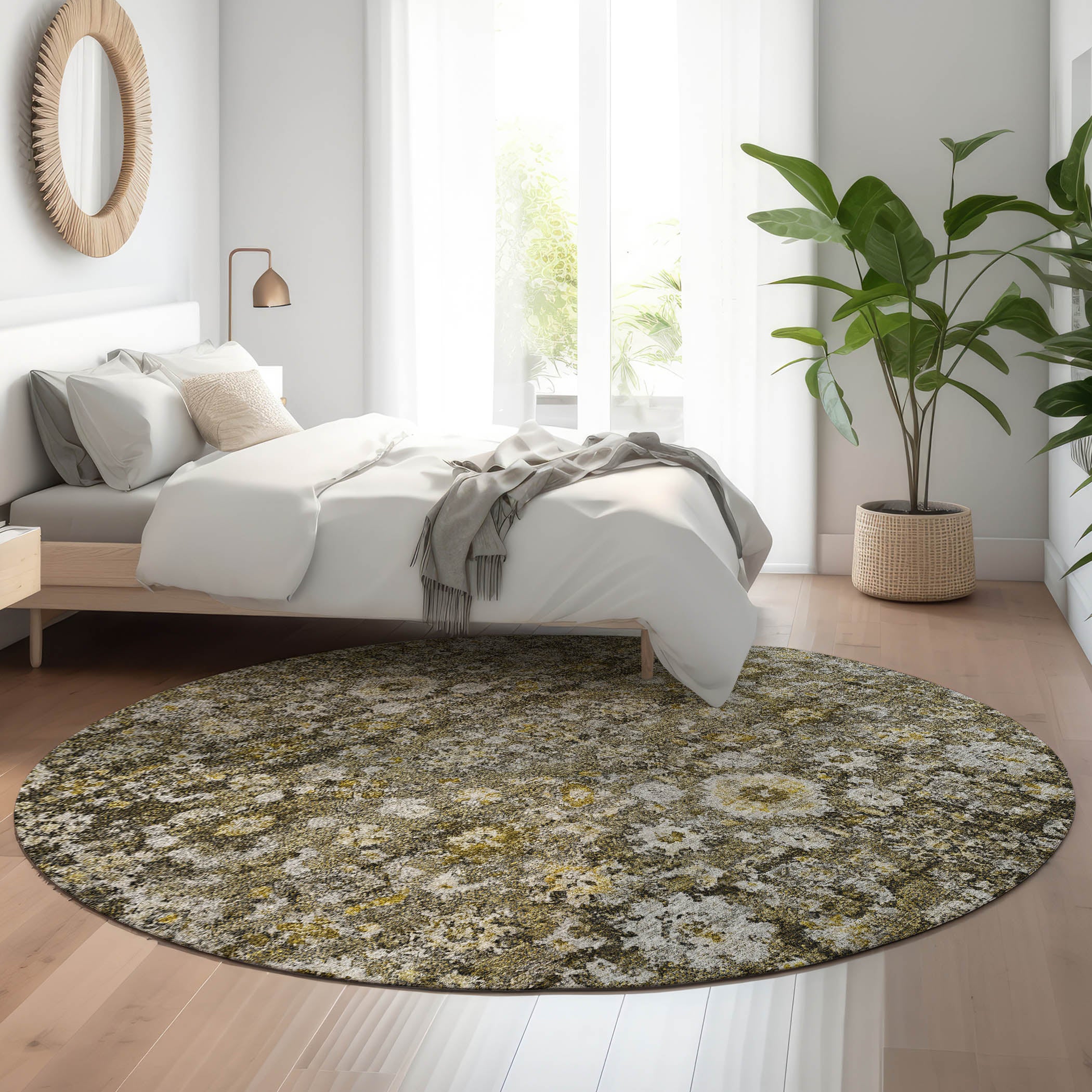 Siena Machine Washable Traditional Mocha Brown Rug 8' x 8' #shape_Round