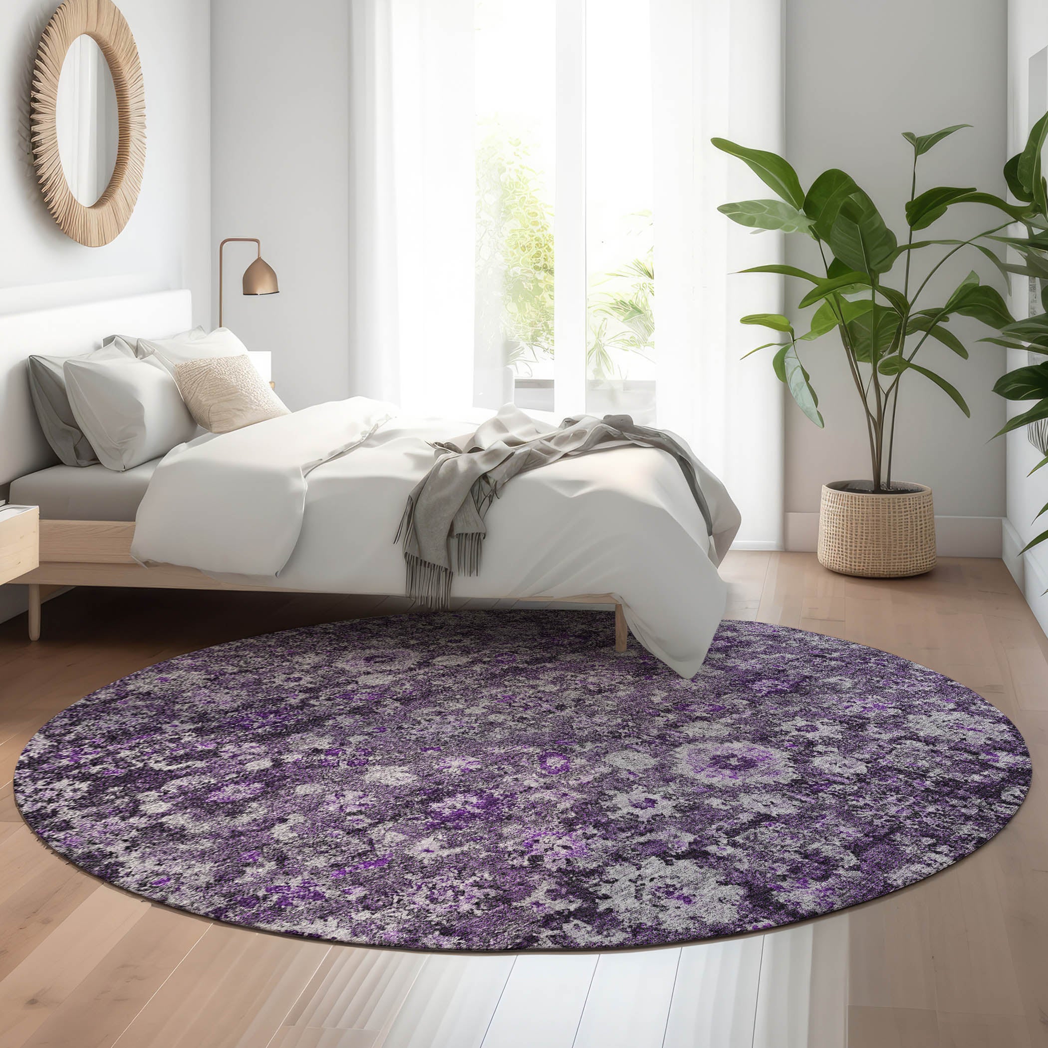 Siena Machine Washable Traditional Purple Rug 8' x 8' #shape_Round