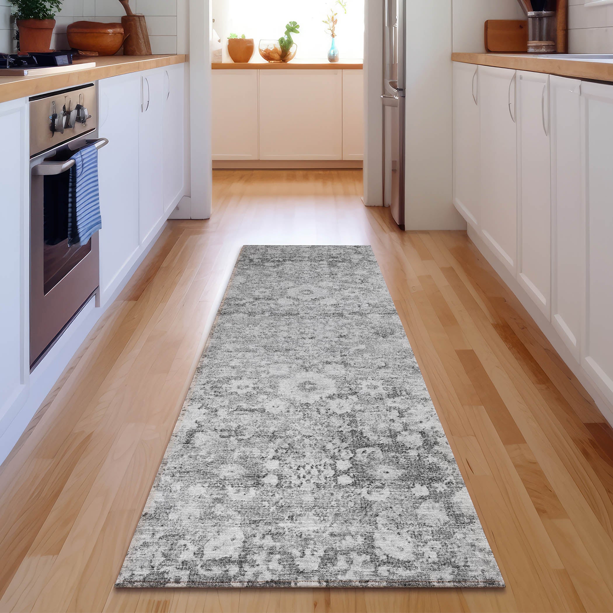 Siena Machine Washable Traditional Silver Gray Rug 2'3" x 7'6" #shape_Runner