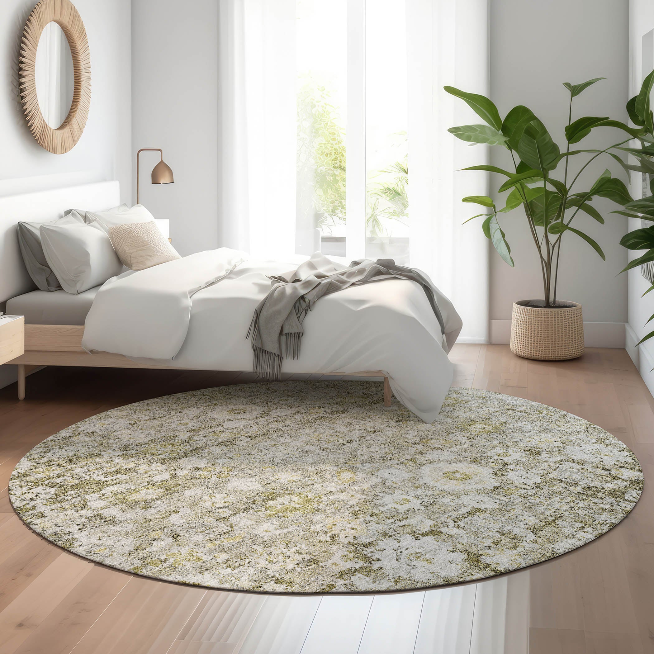 Siena Machine Washable Traditional Taupe Brown Rug 8' x 8' #shape_Round