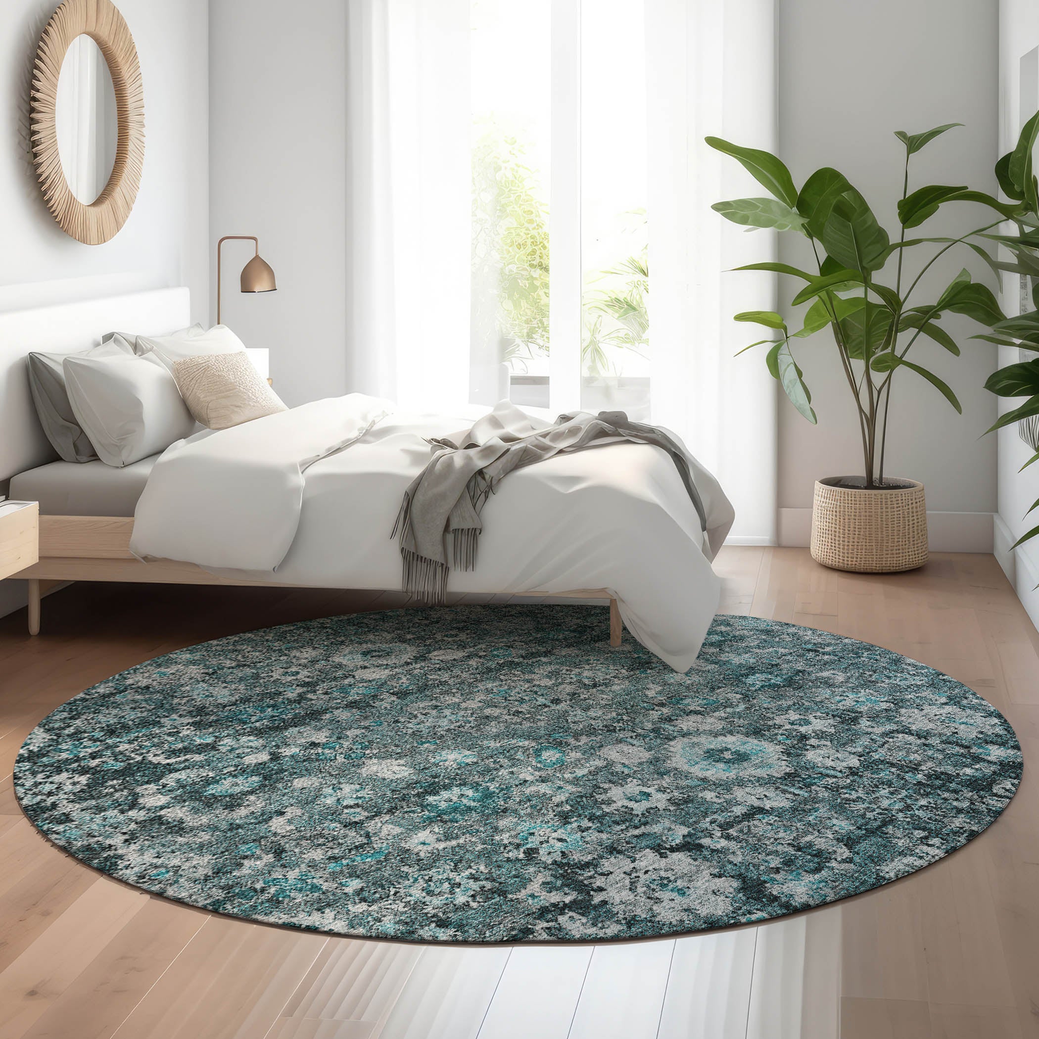 Siena Machine Washable Traditional Teal Rug 8' x 8' #shape_Round