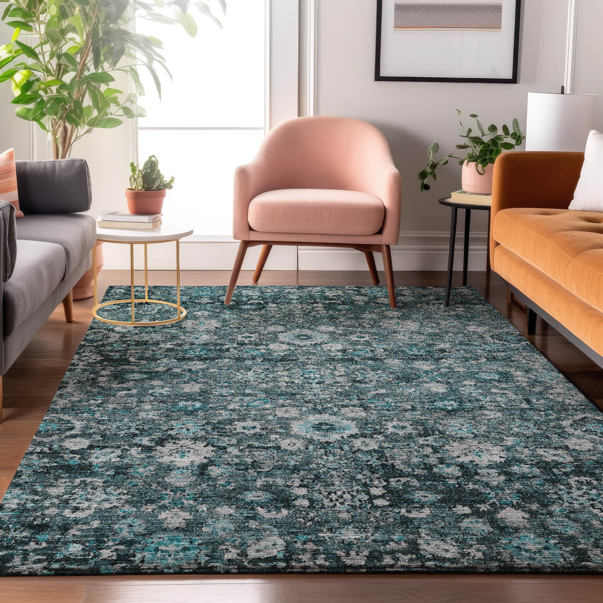 Siena Machine Washable Traditional Teal Rug 2'6" x 3'10" #shape_Rectangle