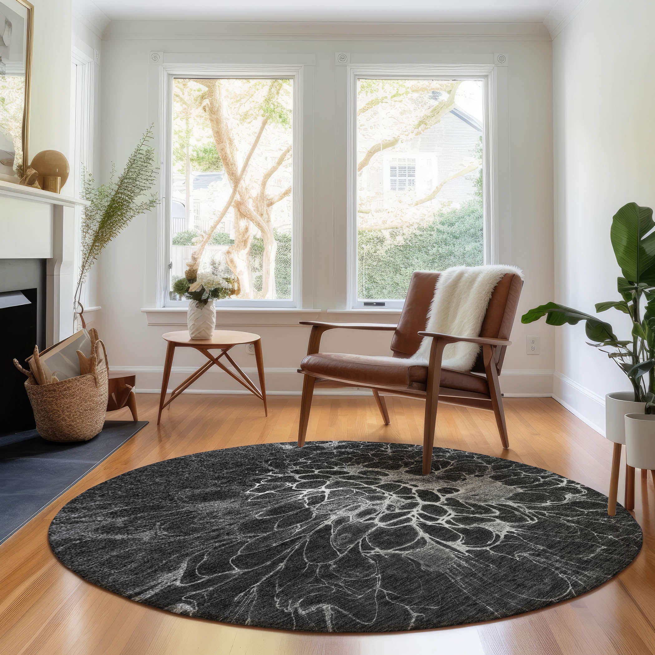 Chiang Mai Machine Washable Transitional Charcoal Gray Rug 8' x 8' #shape_Round