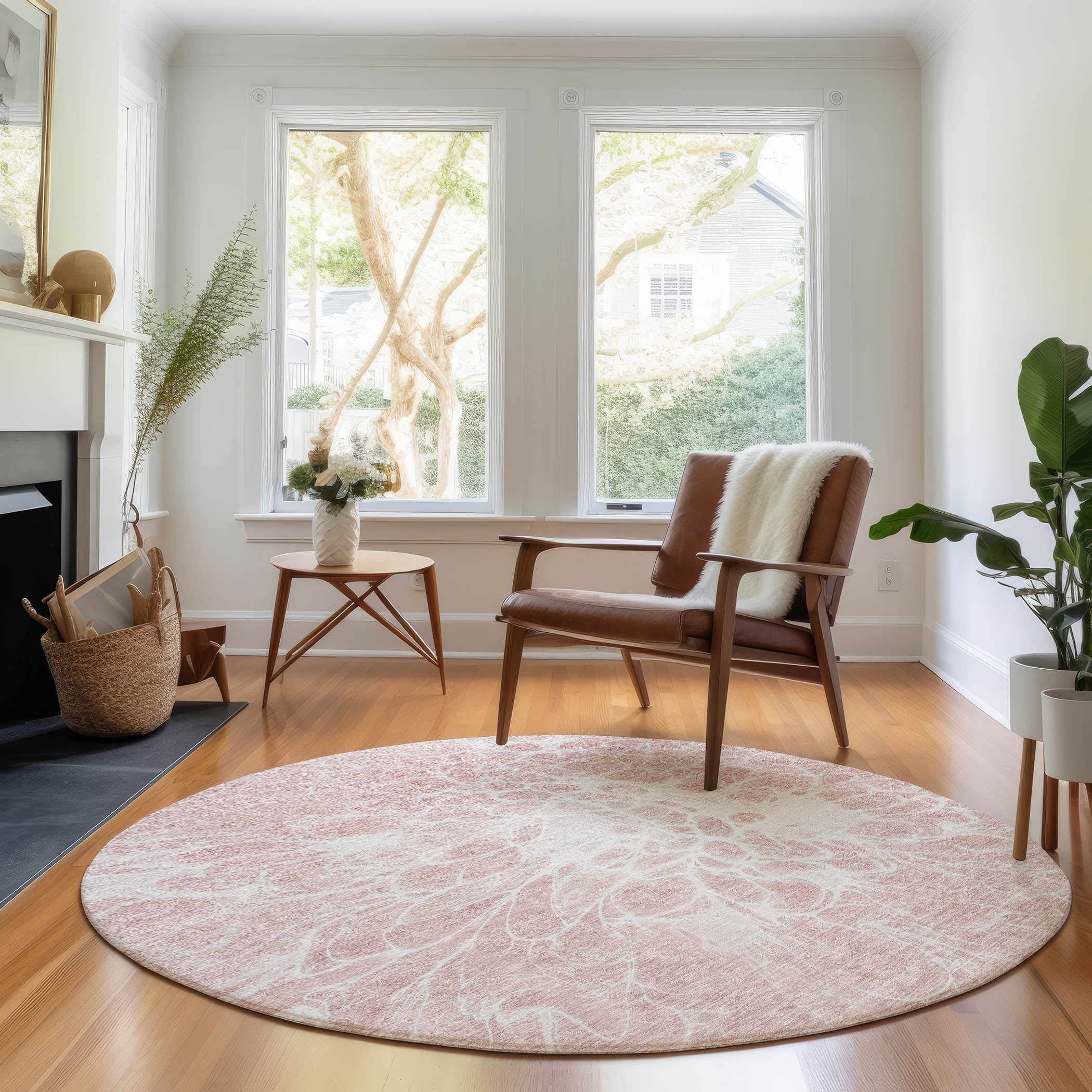 Lucerne Machine Washable Transitional Pink Rug 8' x 8' #shape_Round