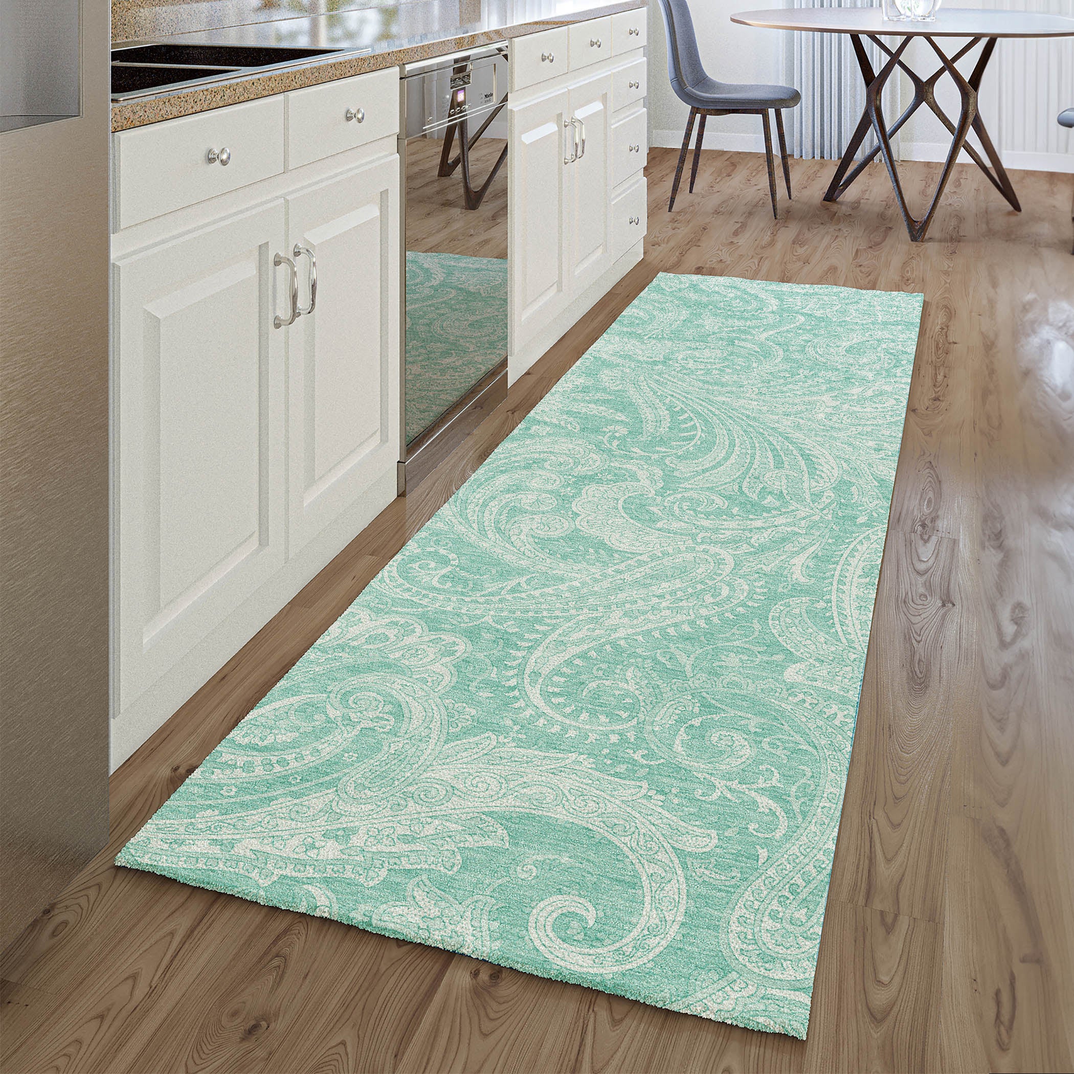 Seoul Machine Washable Transitional Teal Rug 2'3" x 7'6" #shape_Runner