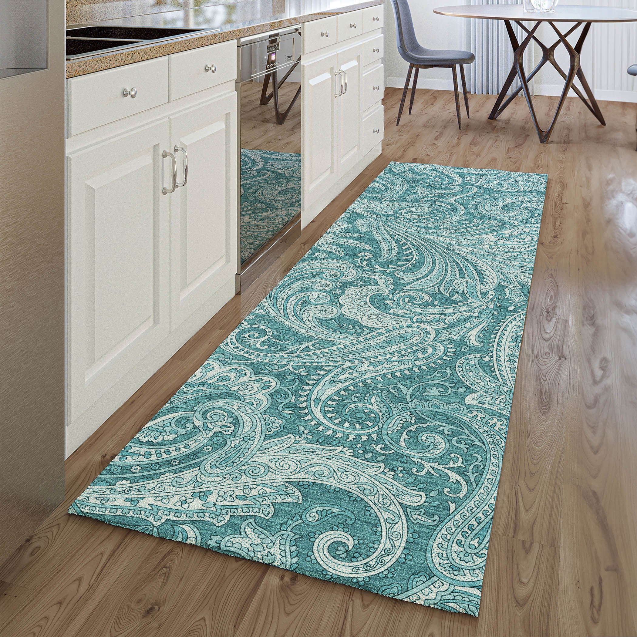Seoul Machine Washable Transitional Turquoise Teal Rug 2'3" x 7'6" #shape_Runner