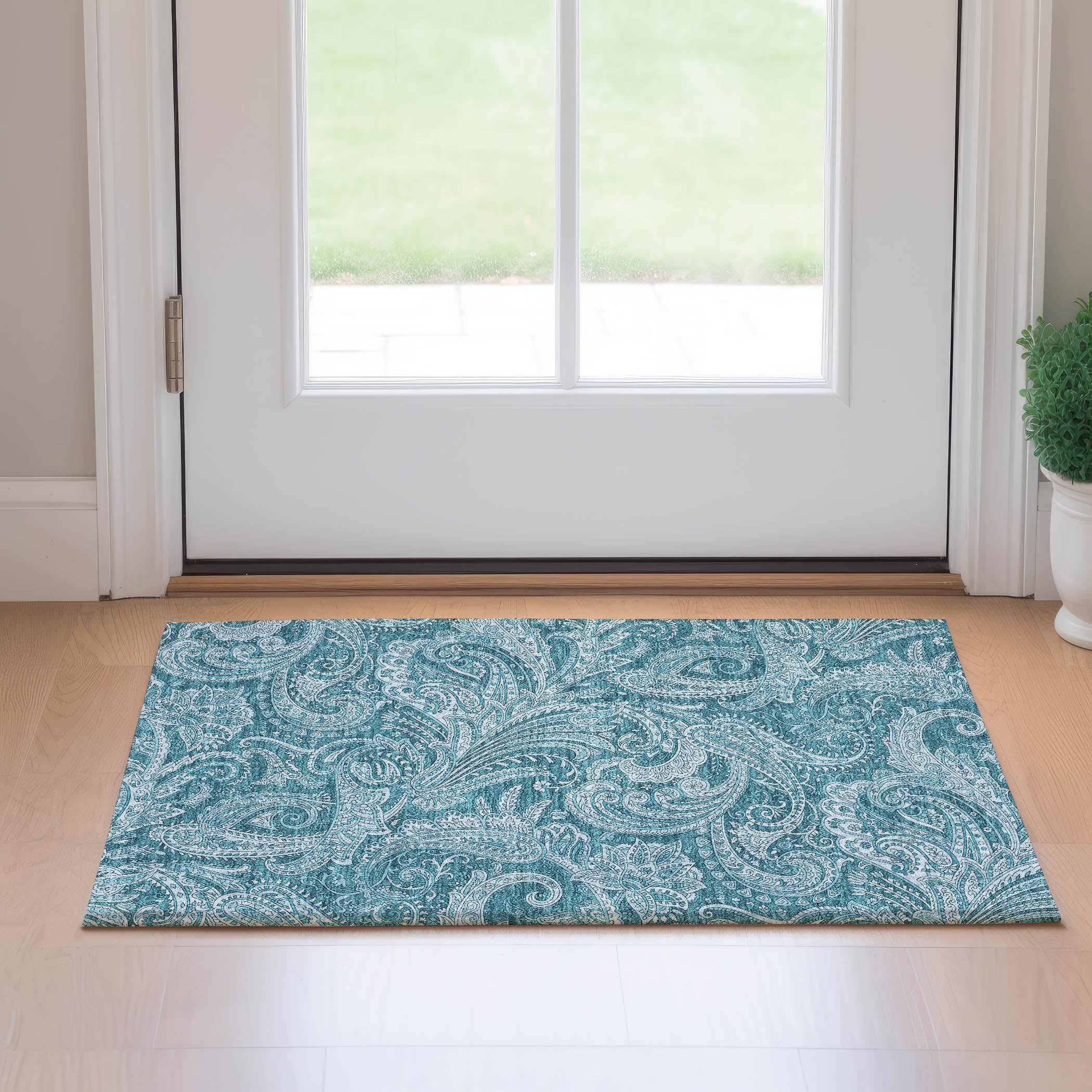 Seoul Machine Washable Transitional Turquoise Teal Rug 1'8" x 2'6" #shape_Rectangle