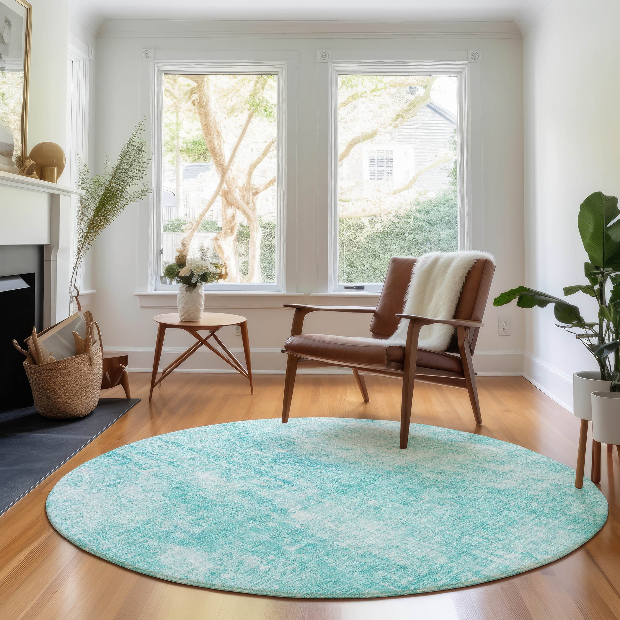 Bergen Machine Washable Transitional Teal Rug 8' x 8' #shape_Round