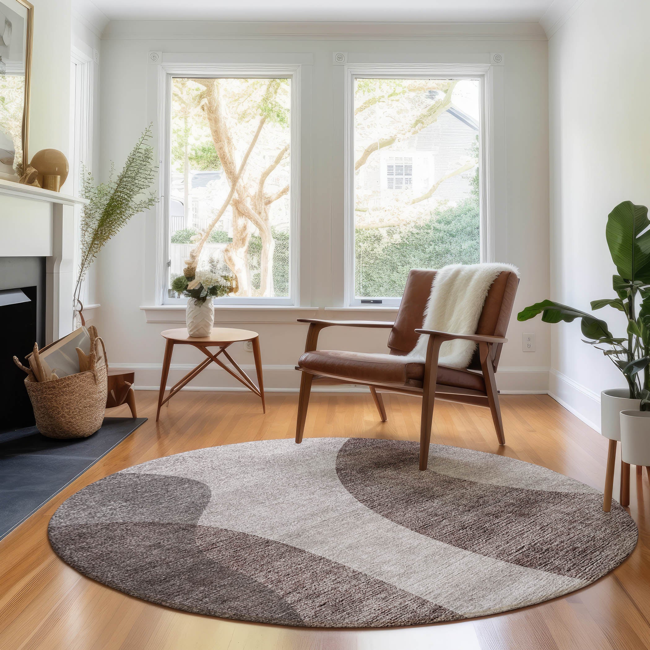 Bogota Machine Washable Transitional Mocha Brown Rug 8' x 8' #shape_Round