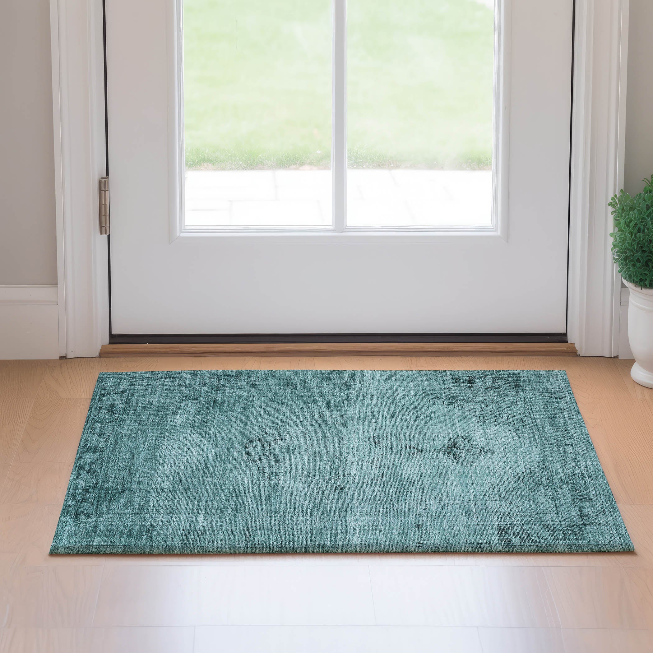 Seville Machine Washable Traditional Teal Rug 1'8" x 2'6" #shape_Rectangle