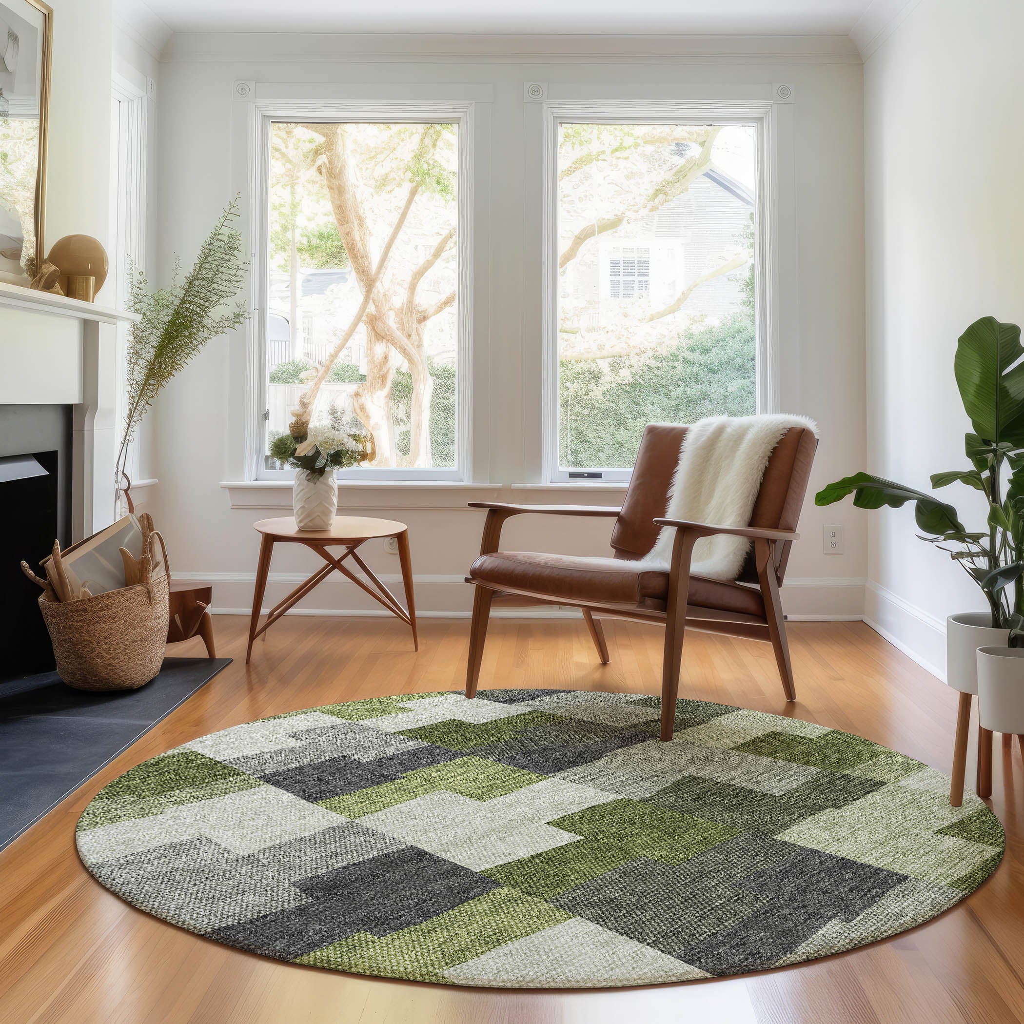 Reykjavik Machine Washable Transitional Olive Green Rug 8' x 8' #shape_Round