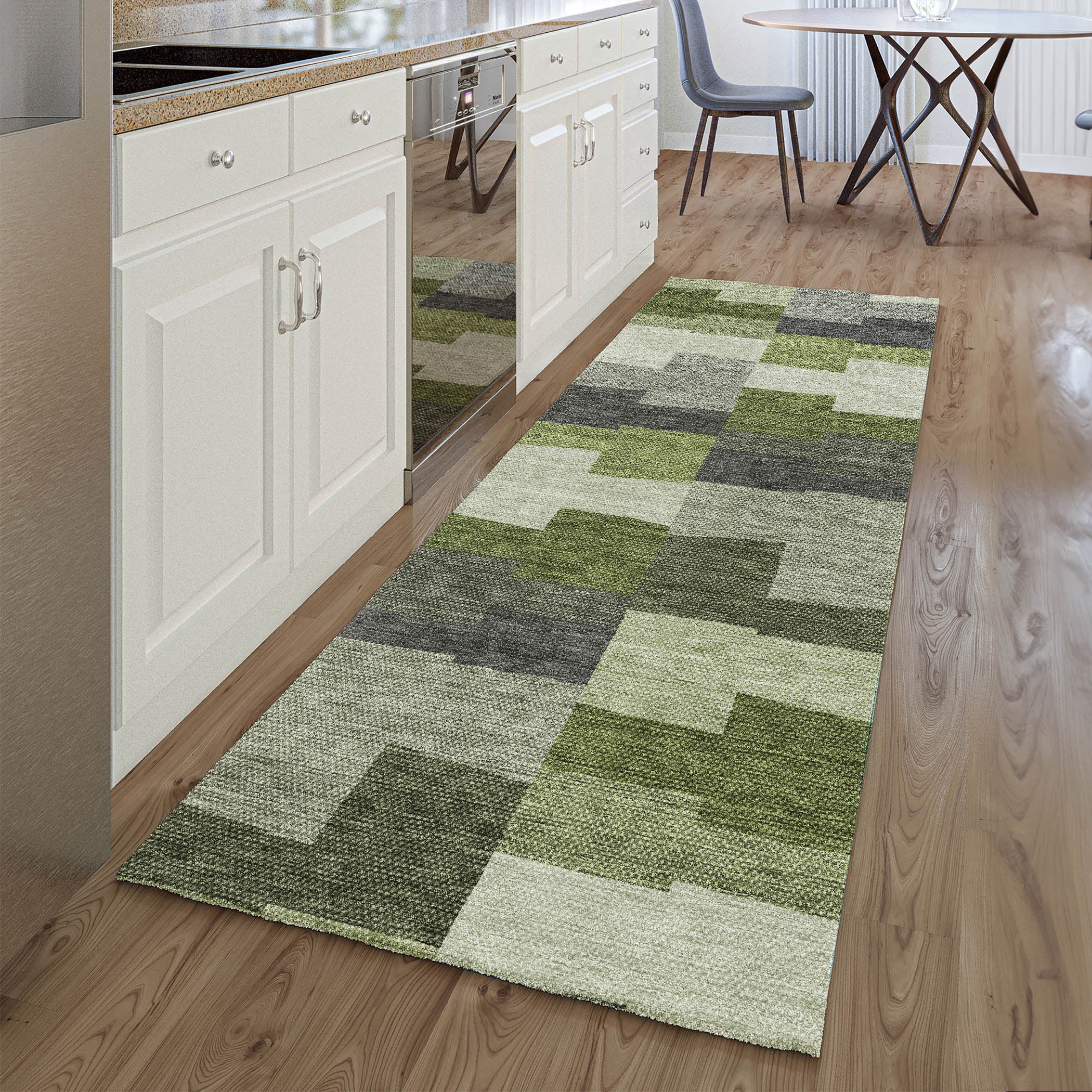 Reykjavik Machine Washable Transitional Olive Green Rug 2'3" x 7'6" #shape_Runner
