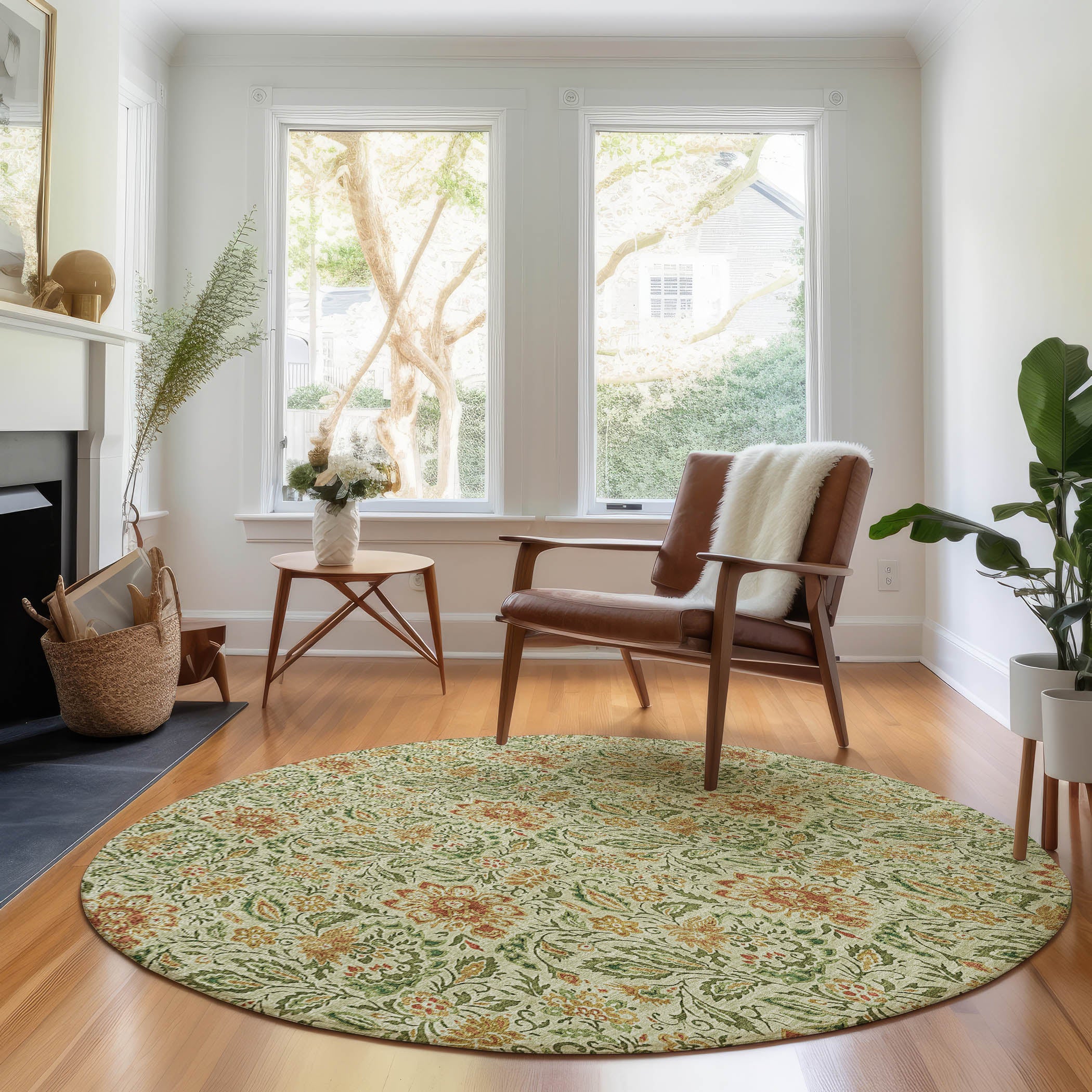 Kotor Machine Washable Transitional Aloe Green Rug 8' x 8' #shape_Round