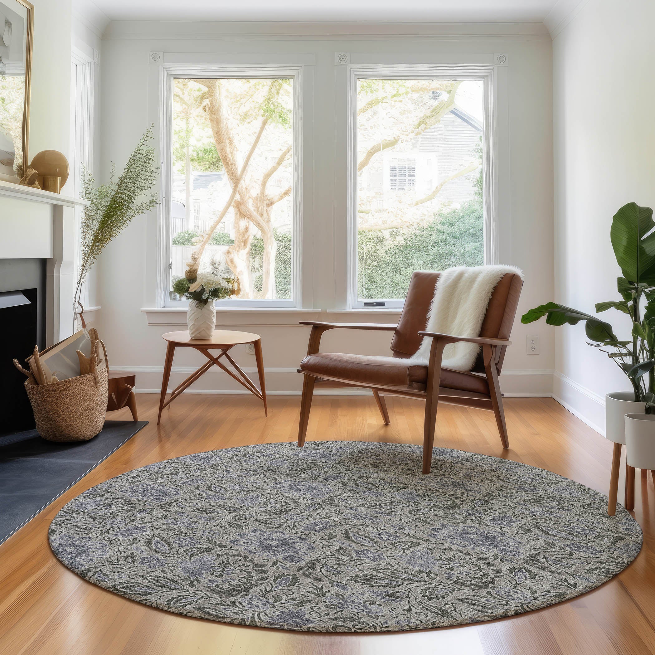Kotor Machine Washable Transitional Khaki Brown Rug 8' x 8' #shape_Round