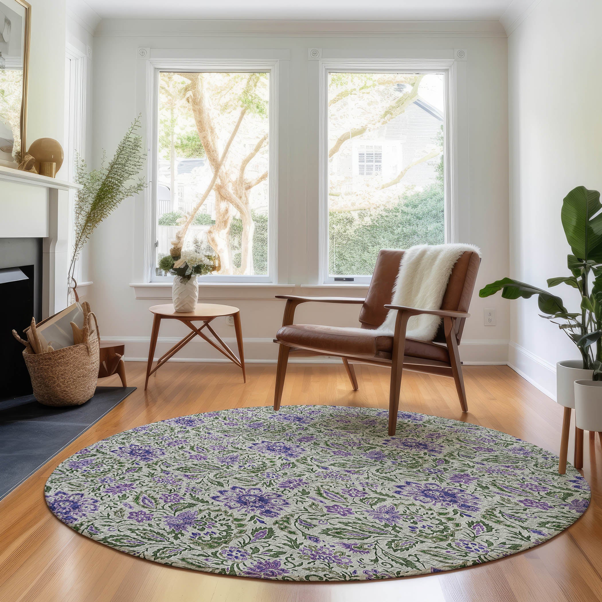 Kotor Machine Washable Transitional Olive Green Rug 8' x 8' #shape_Round