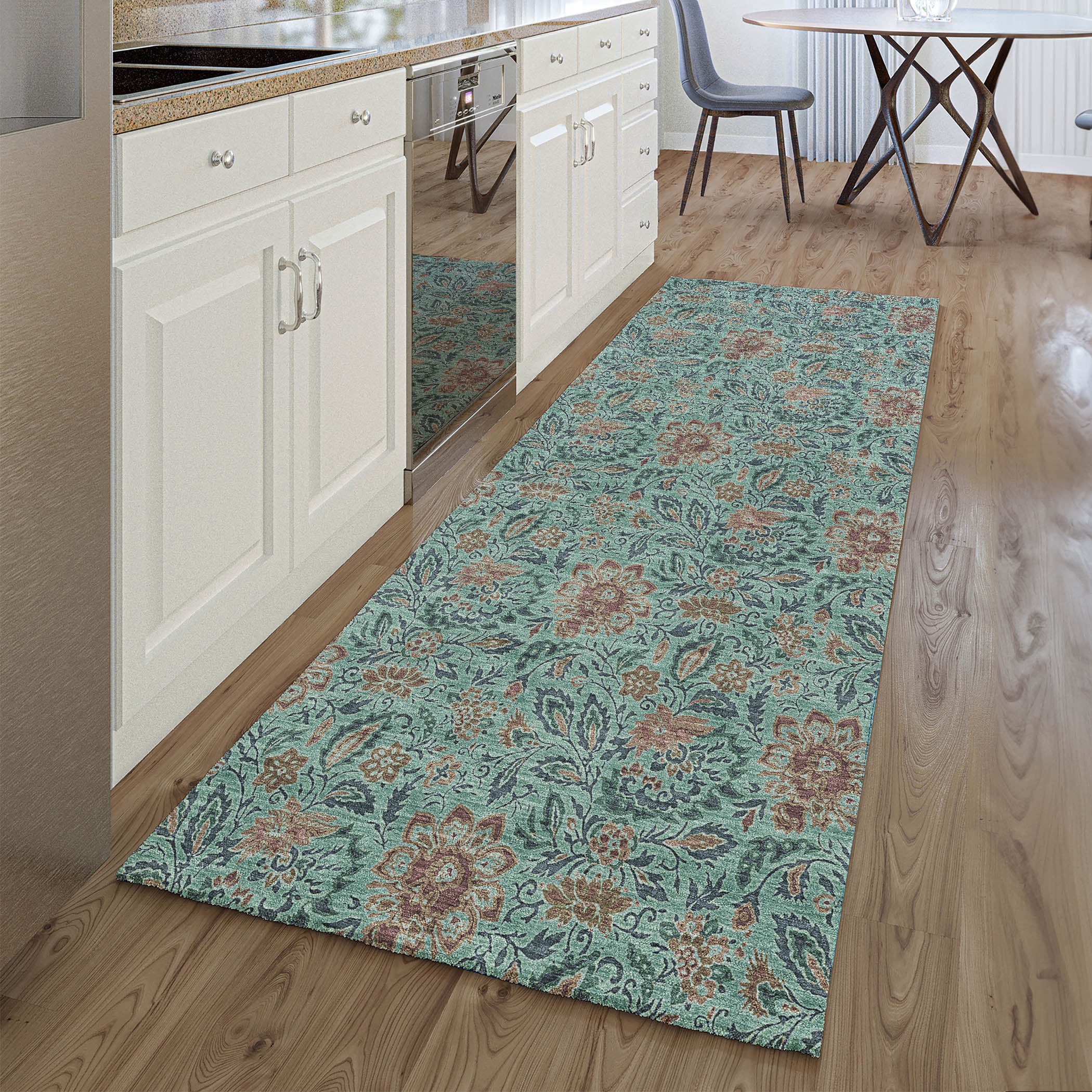 Kotor Machine Washable Transitional Teal Rug 2'3" x 7'6" #shape_Runner