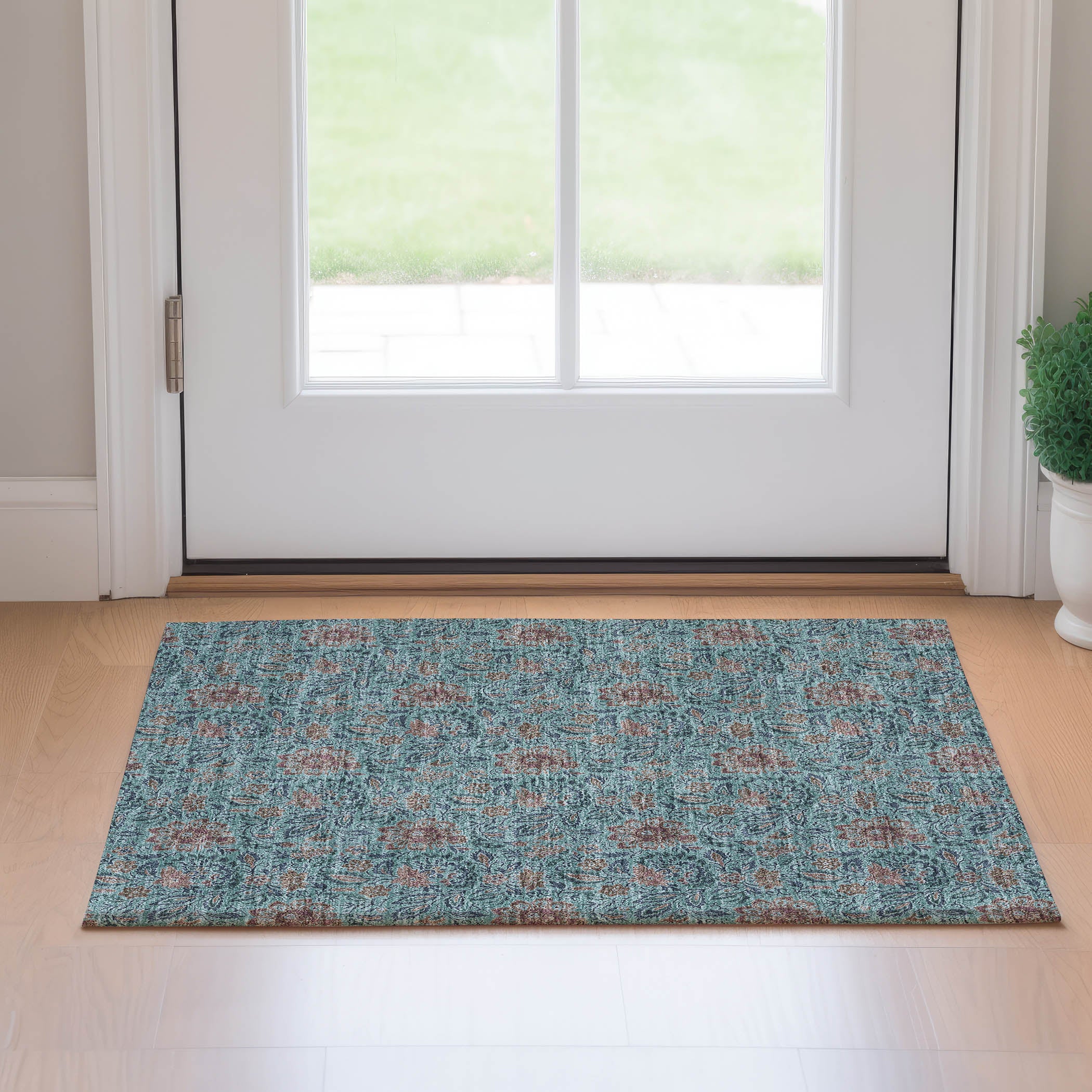 Kotor Machine Washable Transitional Teal Rug 1'8" x 2'6" #shape_Rectangle