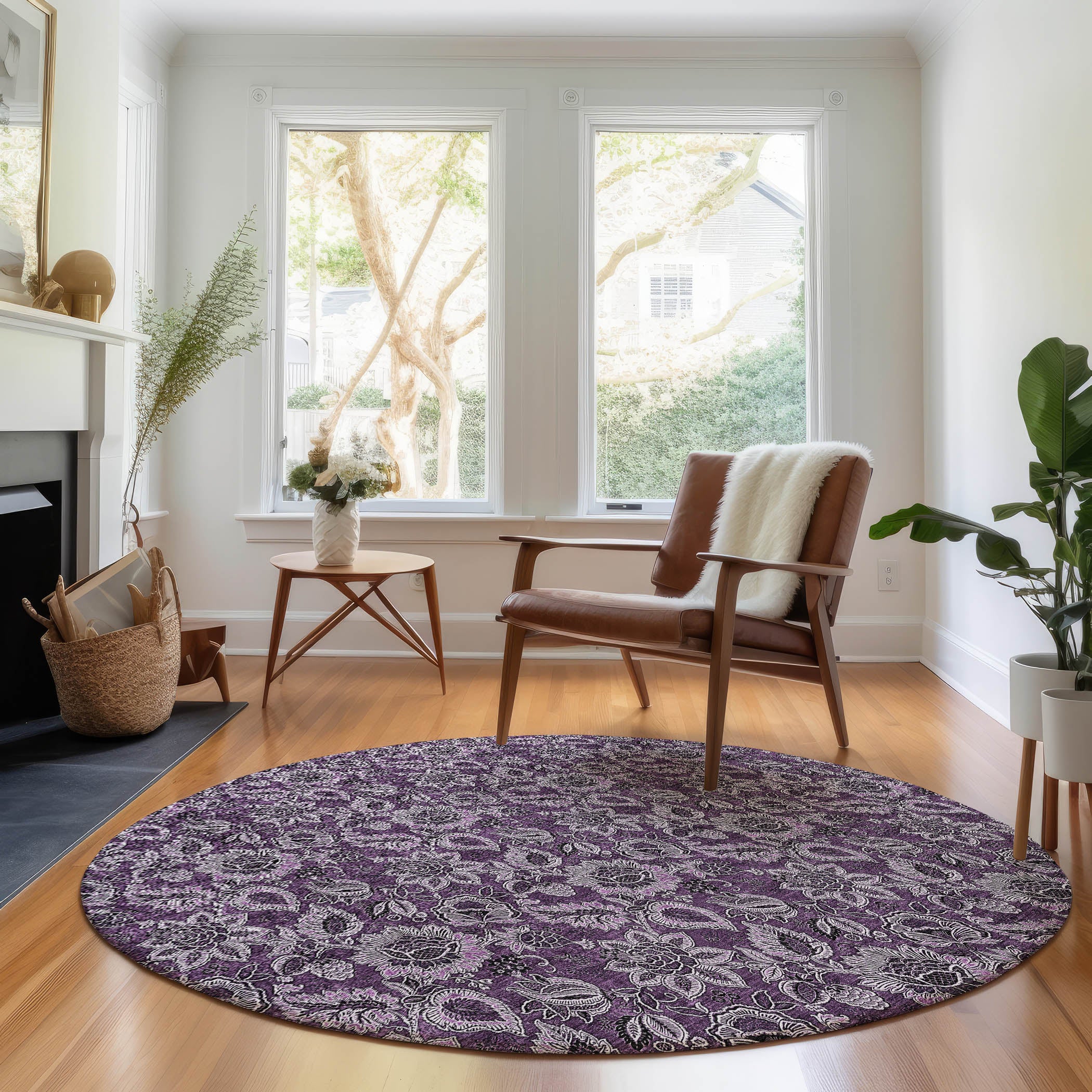 Havana Machine Washable Transitional Eggplant Purple Rug 8' x 8' #shape_Round
