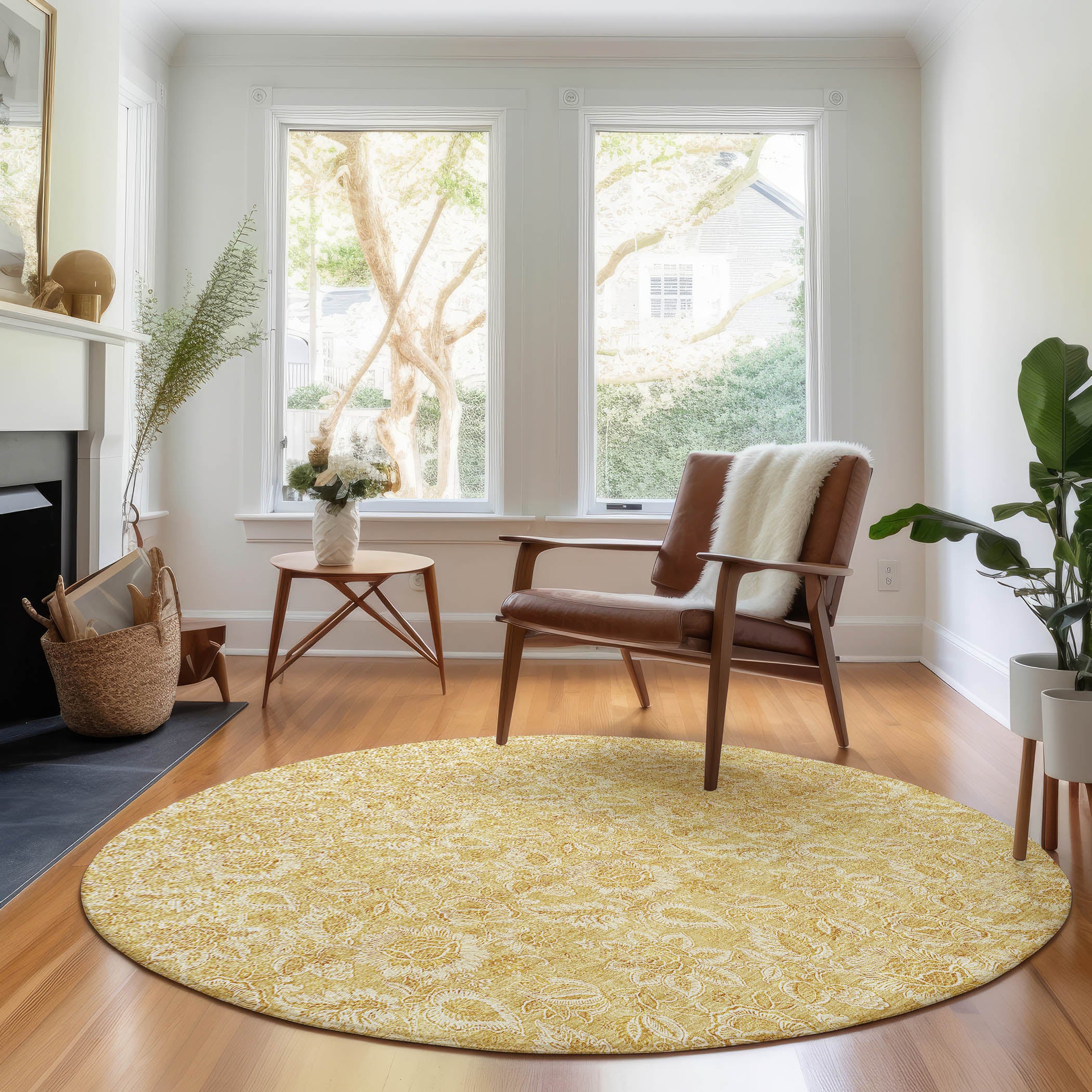 Havana Machine Washable Transitional Gold Rug 8' x 8' #shape_Round