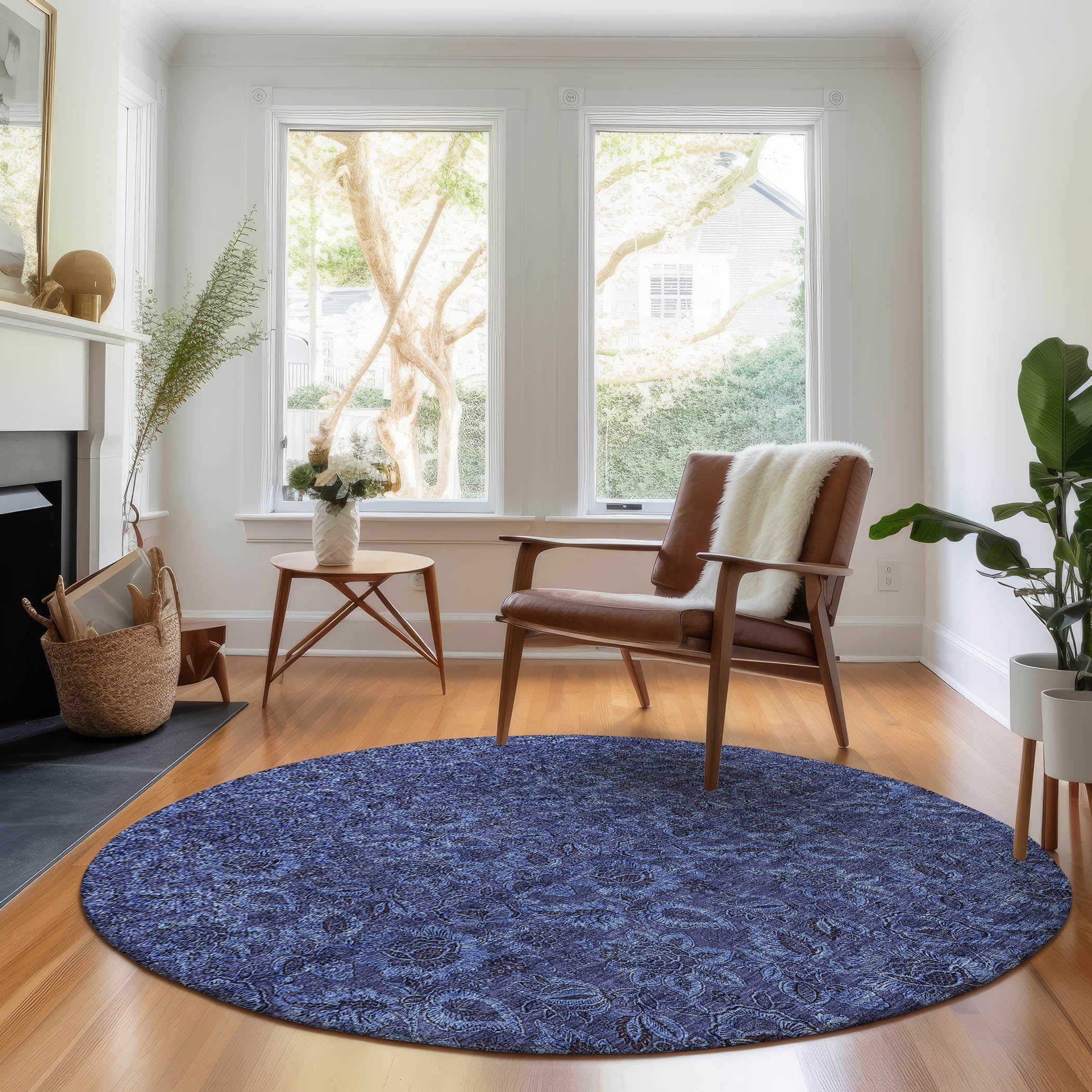 Havana Machine Washable Transitional Navy Blue Rug 8' x 8' #shape_Round
