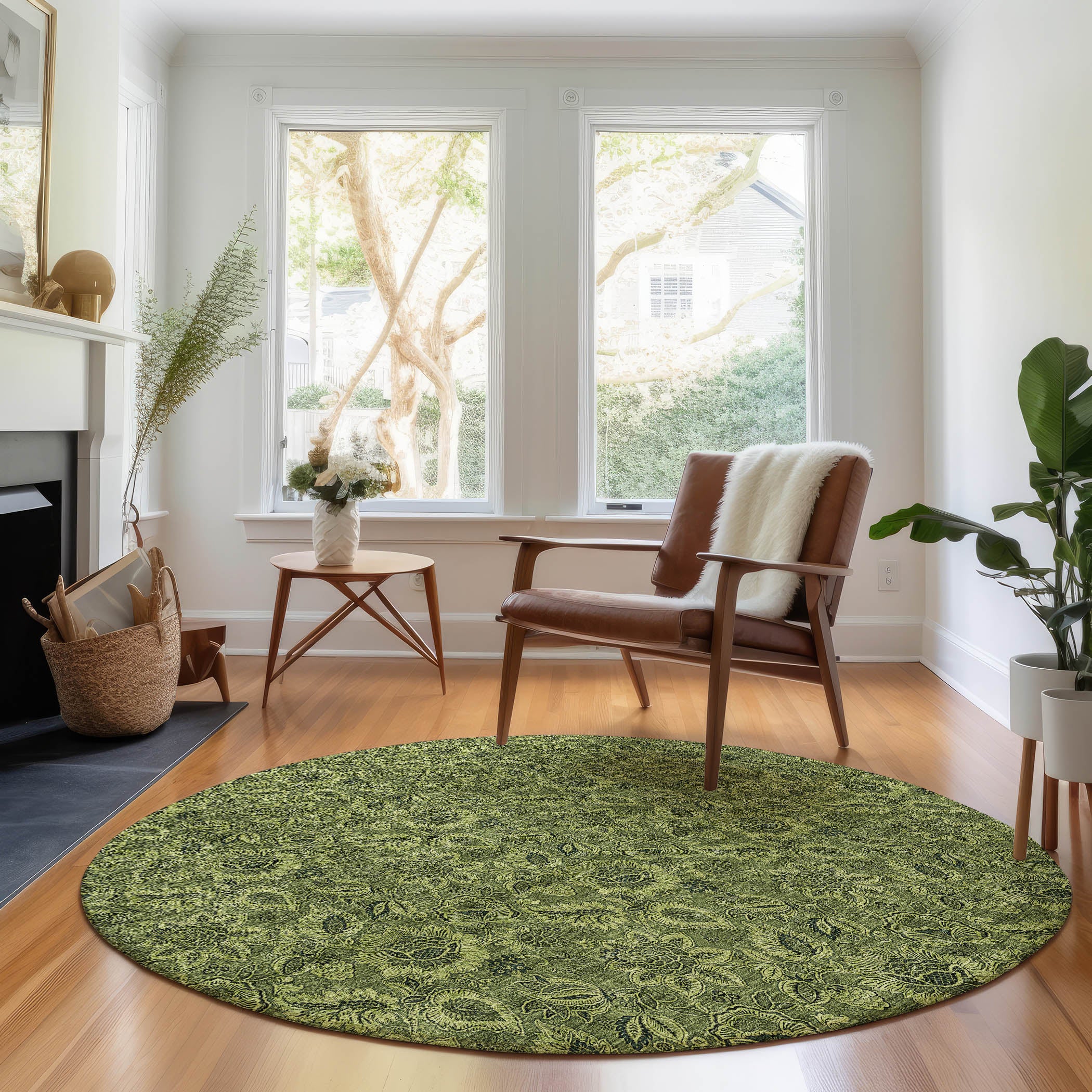 Havana Machine Washable Transitional Olive Green Rug 8' x 8' #shape_Round