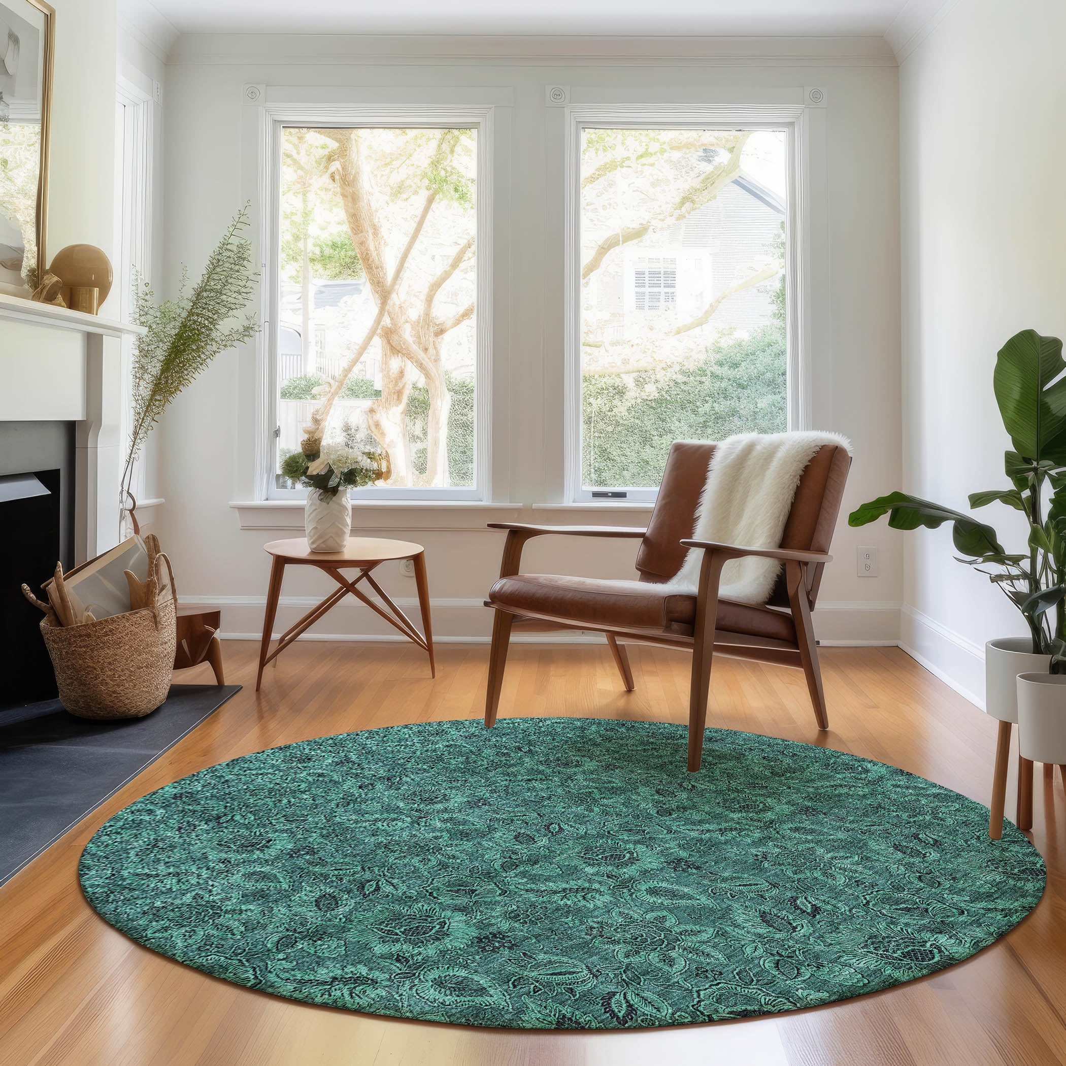 Havana Machine Washable Transitional Teal Rug 8' x 8' #shape_Round
