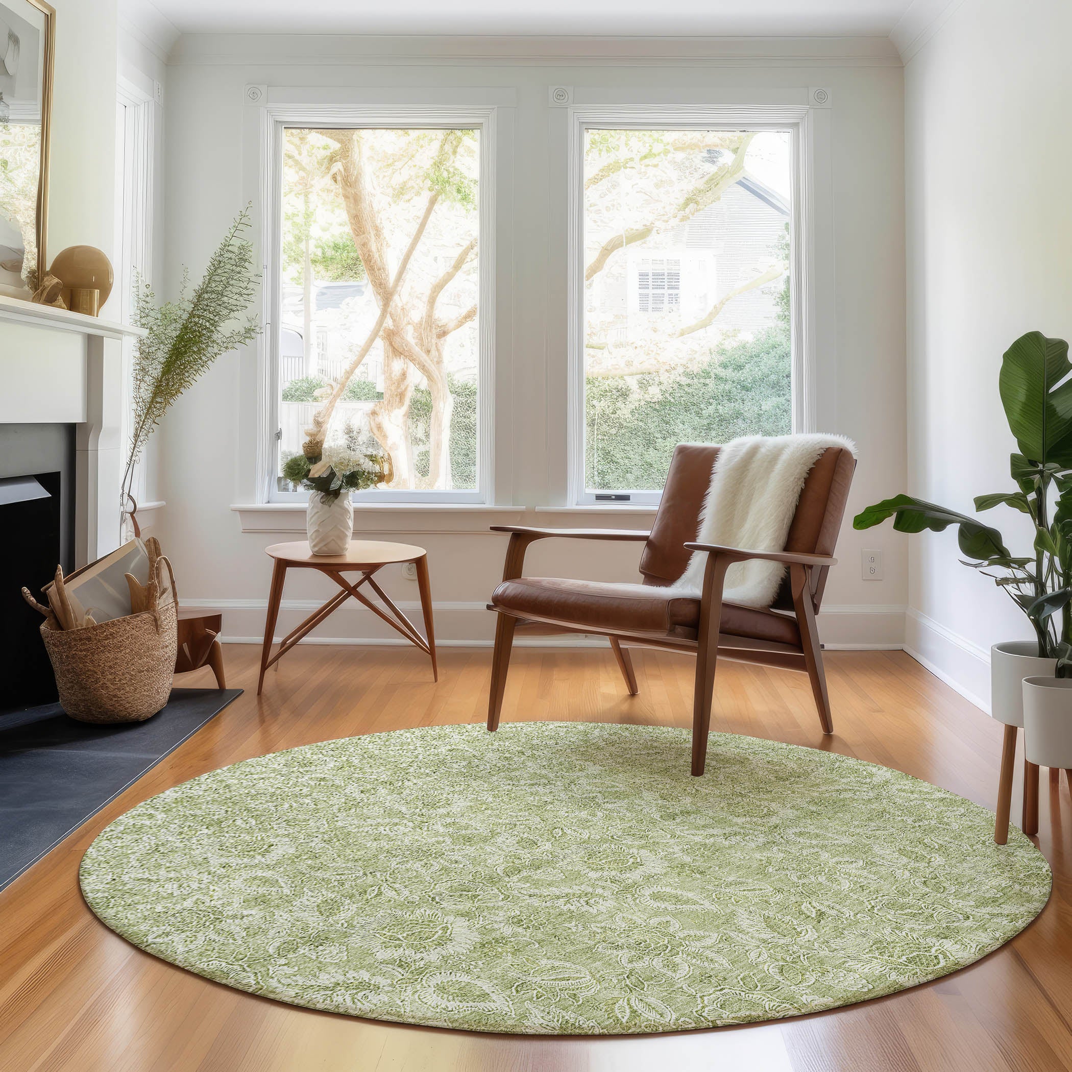 Oslo Machine Washable Transitional Aloe Green Rug 8' x 8' #shape_Round
