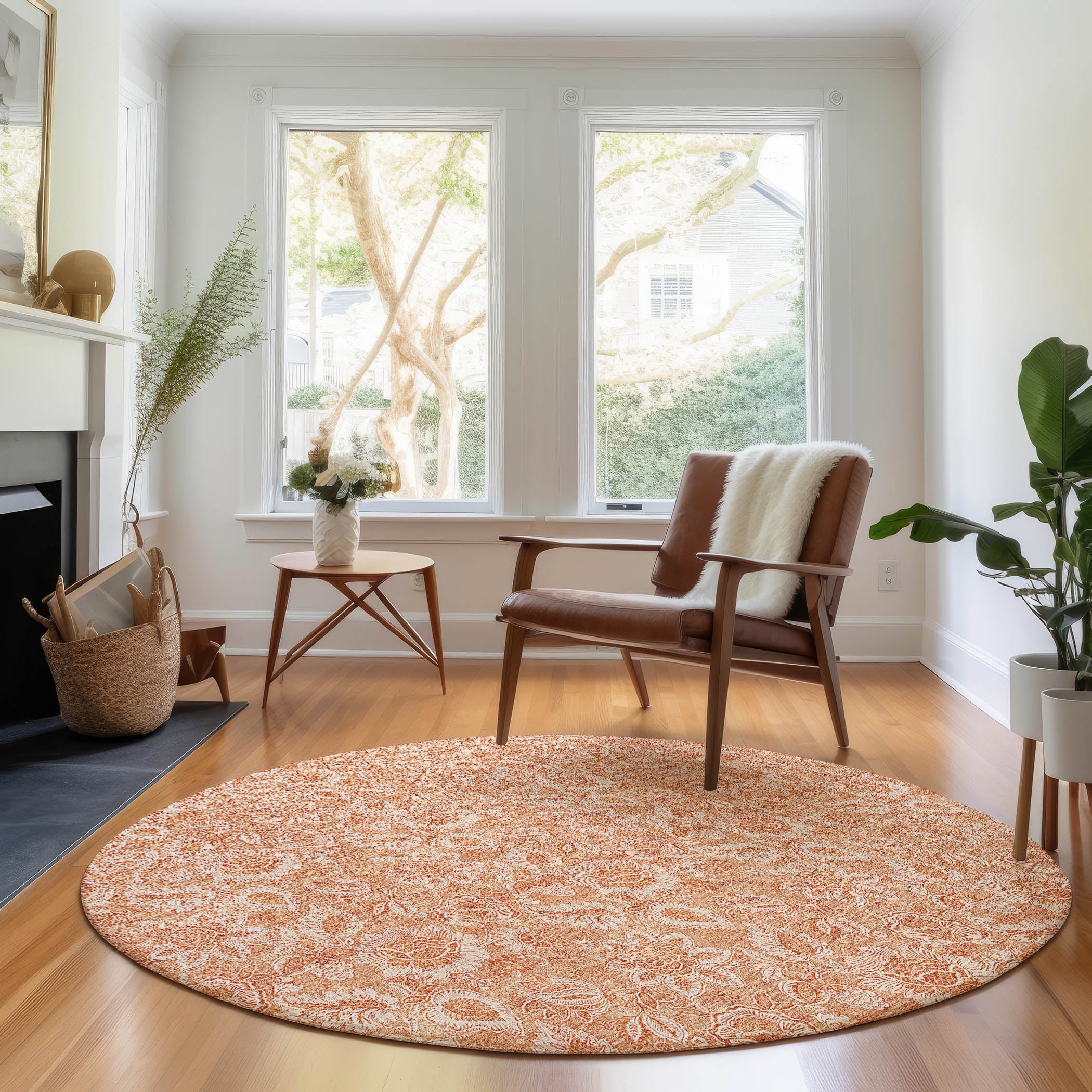 Oslo Machine Washable Transitional Salmon Orange Rug 8' x 8' #shape_Round