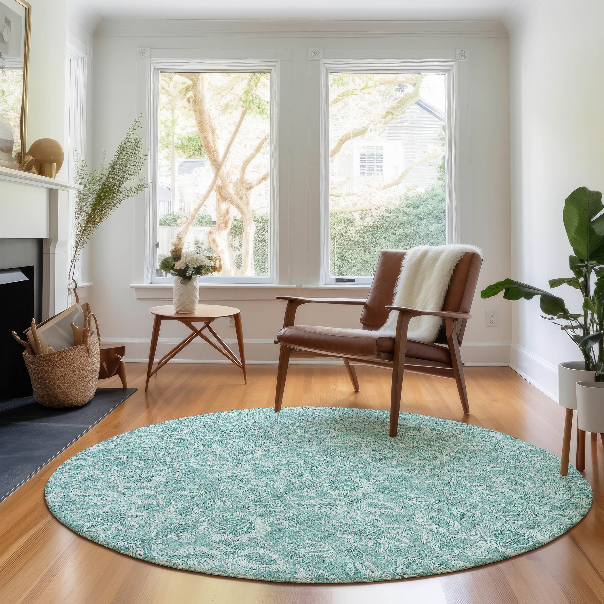 Oslo Machine Washable Transitional Teal Rug 8' x 8' #shape_Round