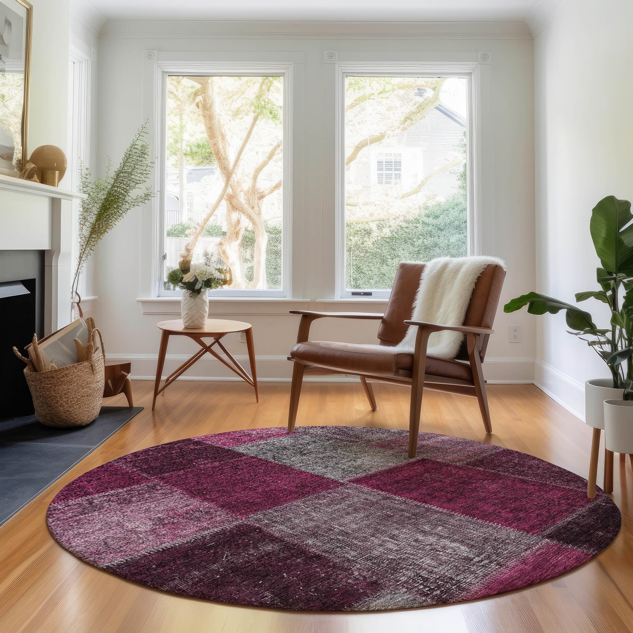 Havana Machine Washable Transitional Merlot Red Rug 8' x 8' #shape_Round